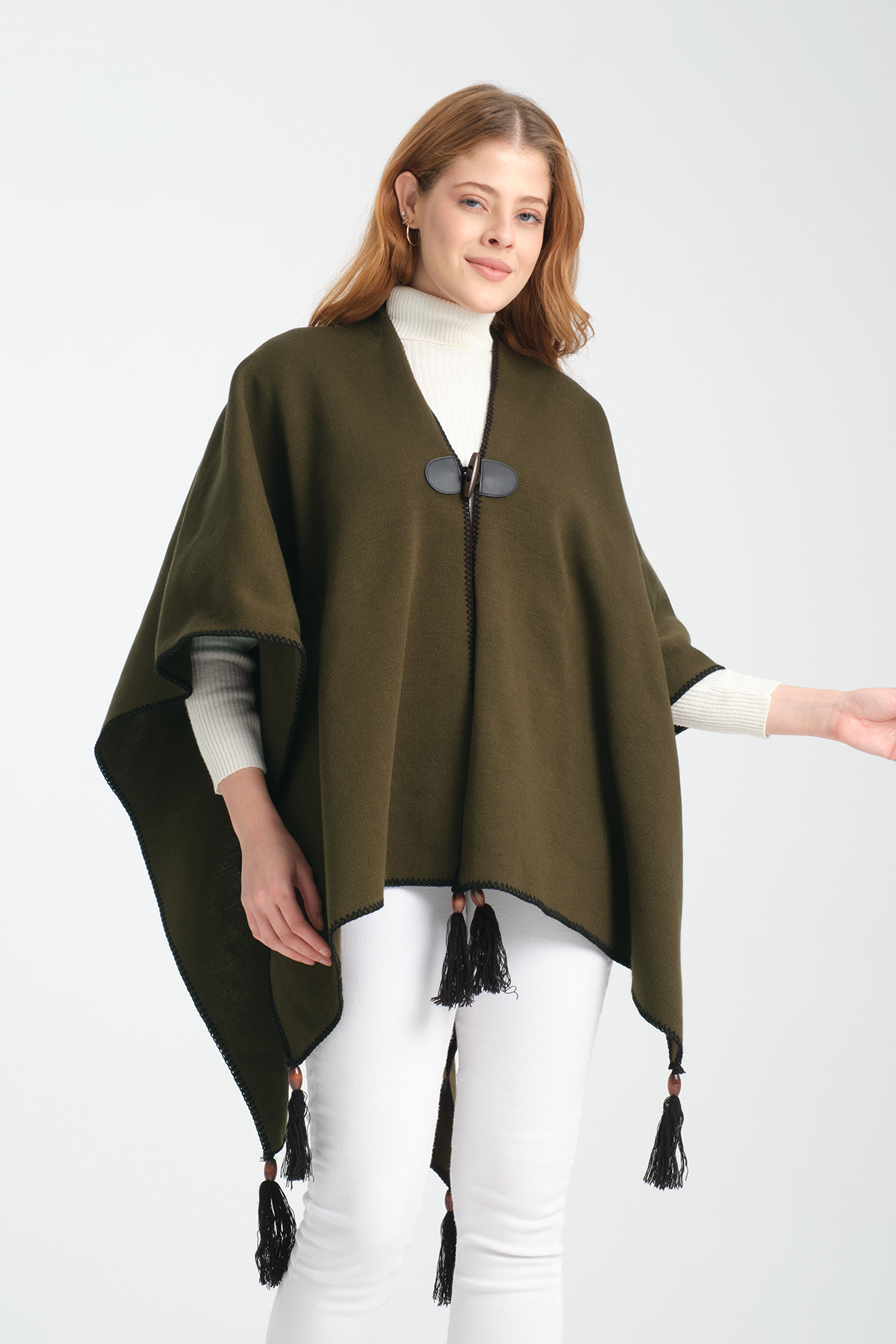 VEGA MODA-Stylish Designed Plain Knitwear Poncho - Patternless Shawl Poncho with Button Detail 3