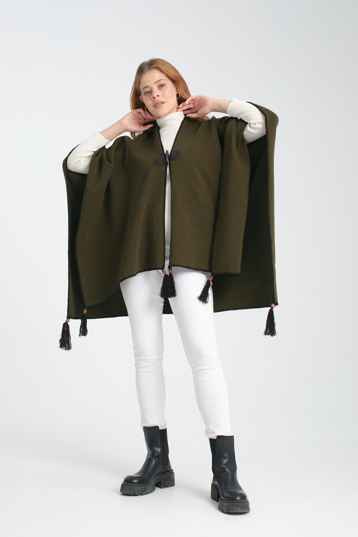 VEGA MODA-Stylish Designed Plain Knitwear Poncho - Patternless Shawl Poncho with Button Detail 7