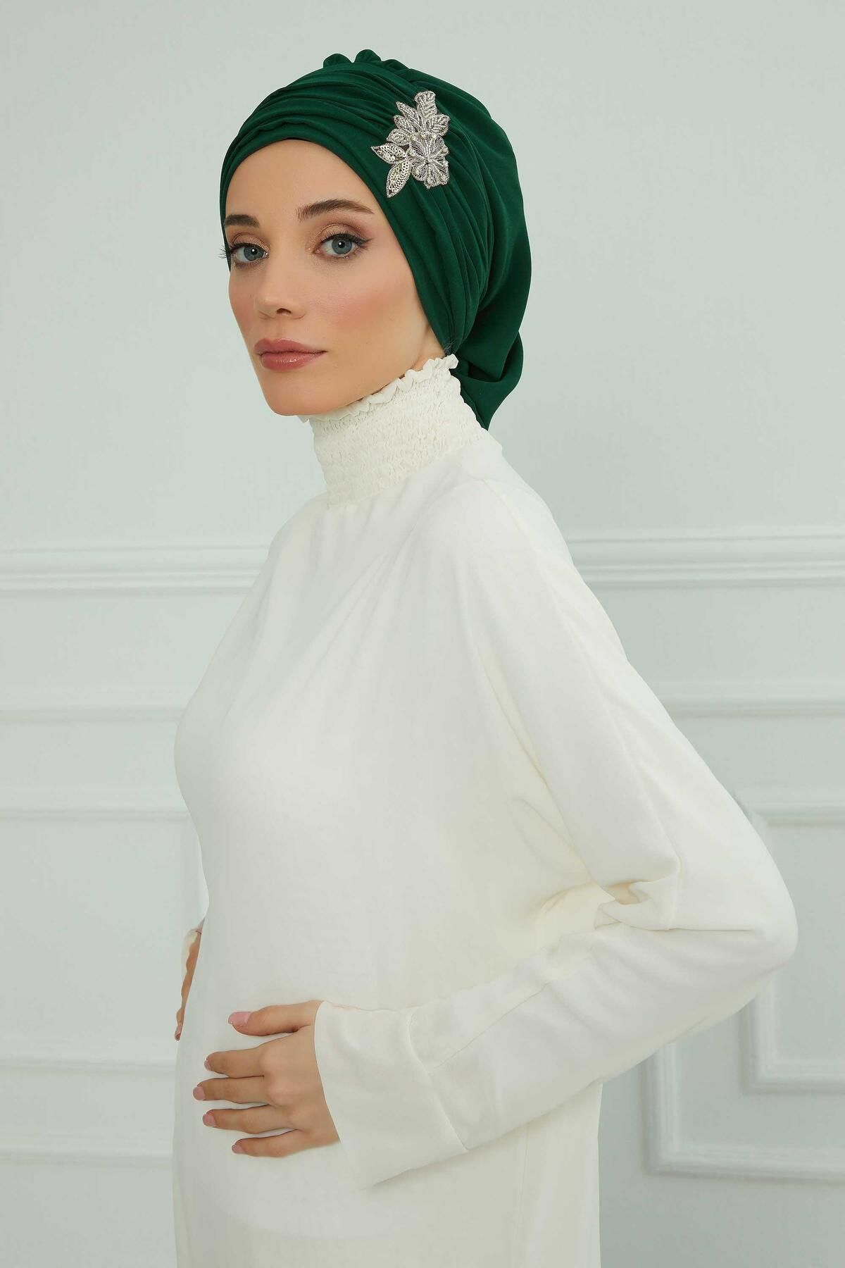 Aisha's Design-Turban din șifon cu model de flori de piatră - cu pliuri și accesorii, gata de utilizare, ht-105,ht-105 1