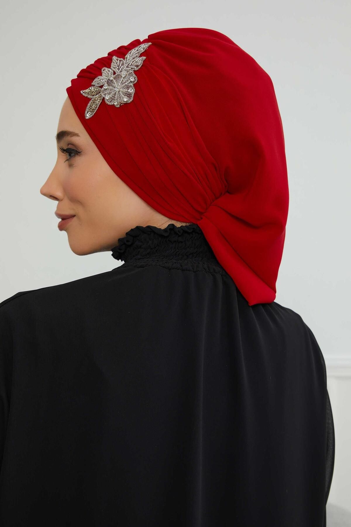 Aisha's Design-Turban din șifon cu model de flori de piatră - cu pliuri și accesorii, gata de utilizare, ht-105,ht-105 5