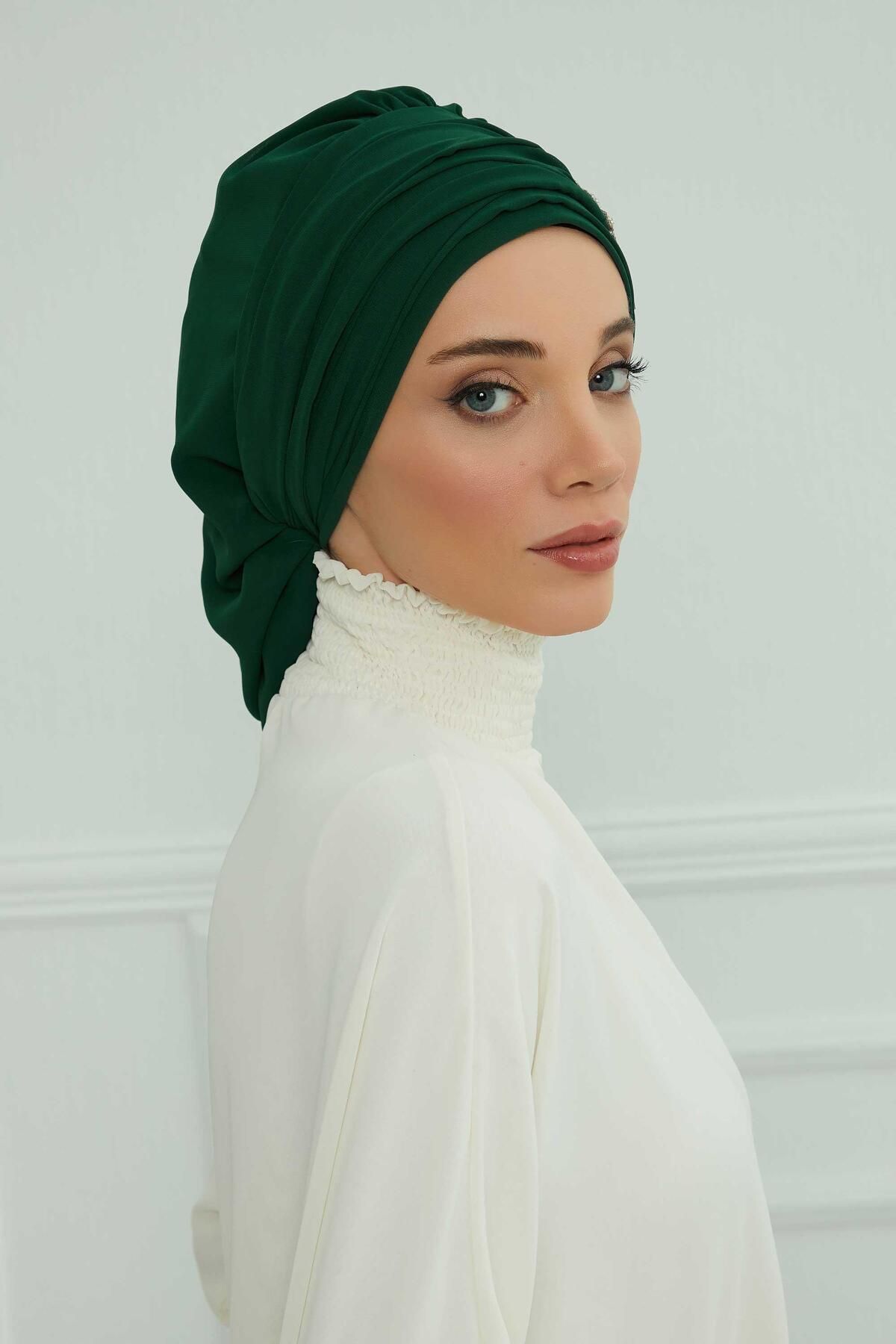 Aisha's Design-Turban din șifon cu model de flori de piatră - cu pliuri și accesorii, gata de utilizare, ht-105,ht-105 5