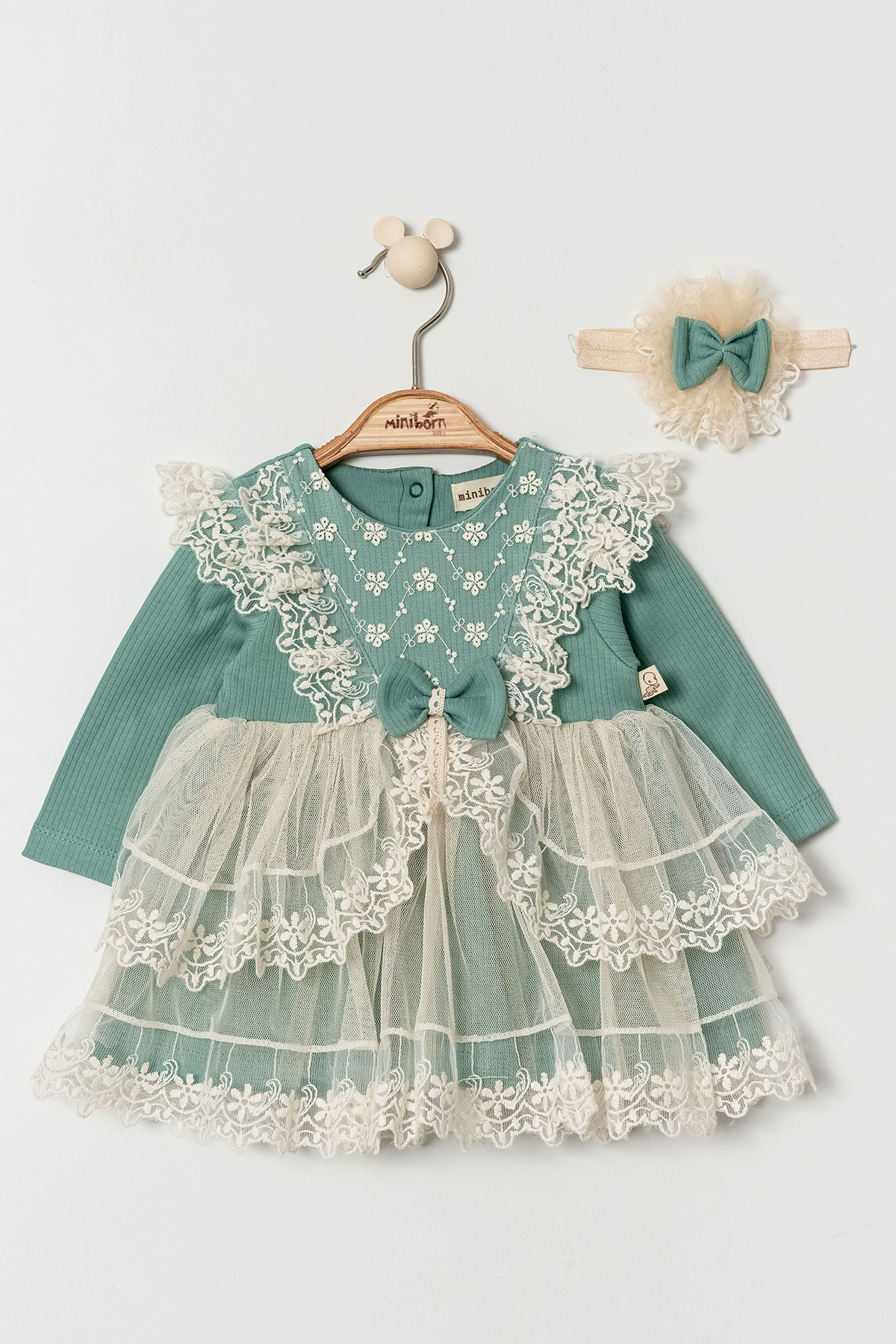 MİNİBORN YENİ DOĞAN KIZ UZUN KOLLU YEŞİL  RAPORLU ETEK TÜL DETAY LİTTLE DREAM ELBİSE SET fotoğrafı 3 (önizleme)