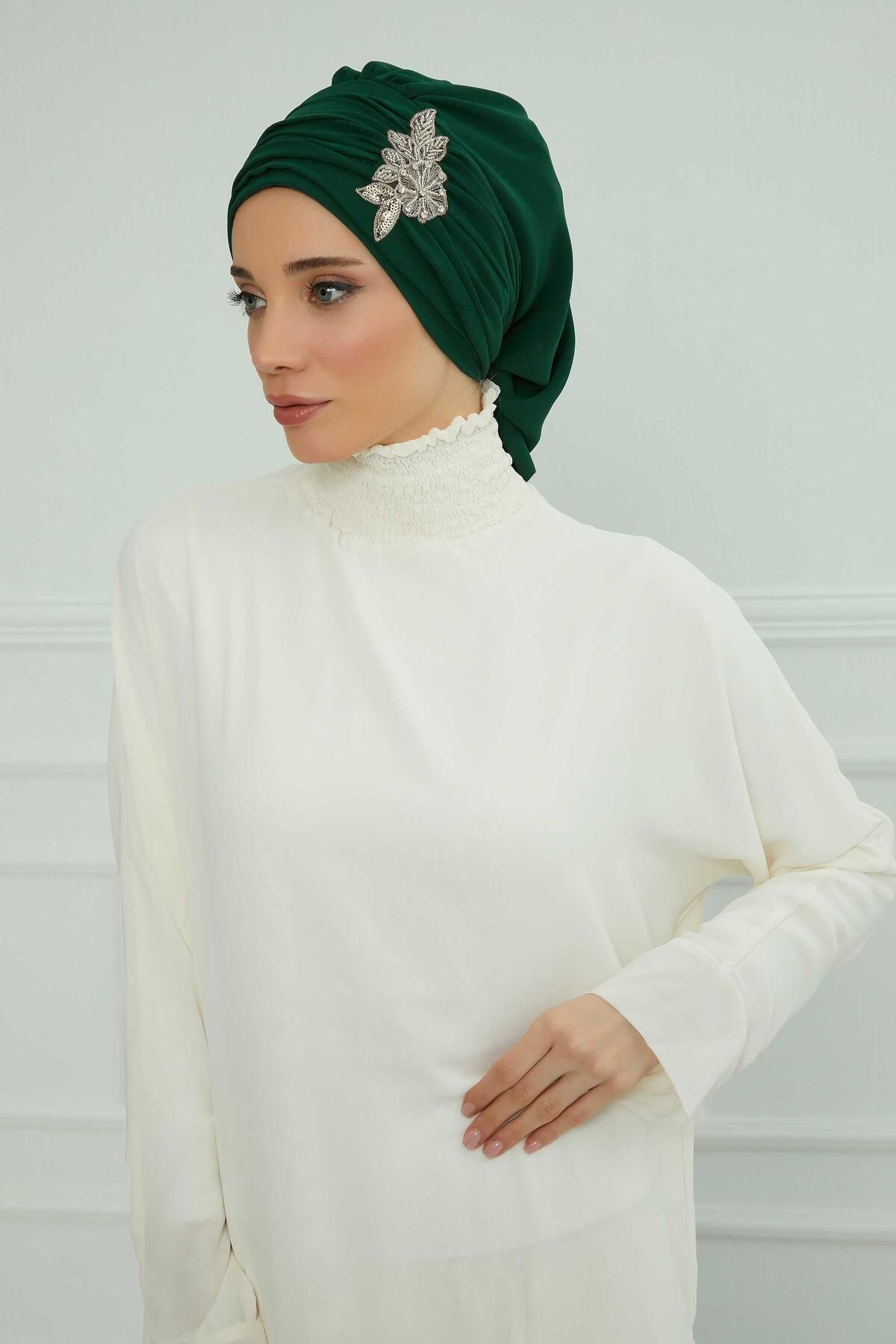 Aisha's Design-Turban din șifon cu model de flori de piatră - cu pliuri și accesorii, gata de utilizare, ht-105,ht-105 3