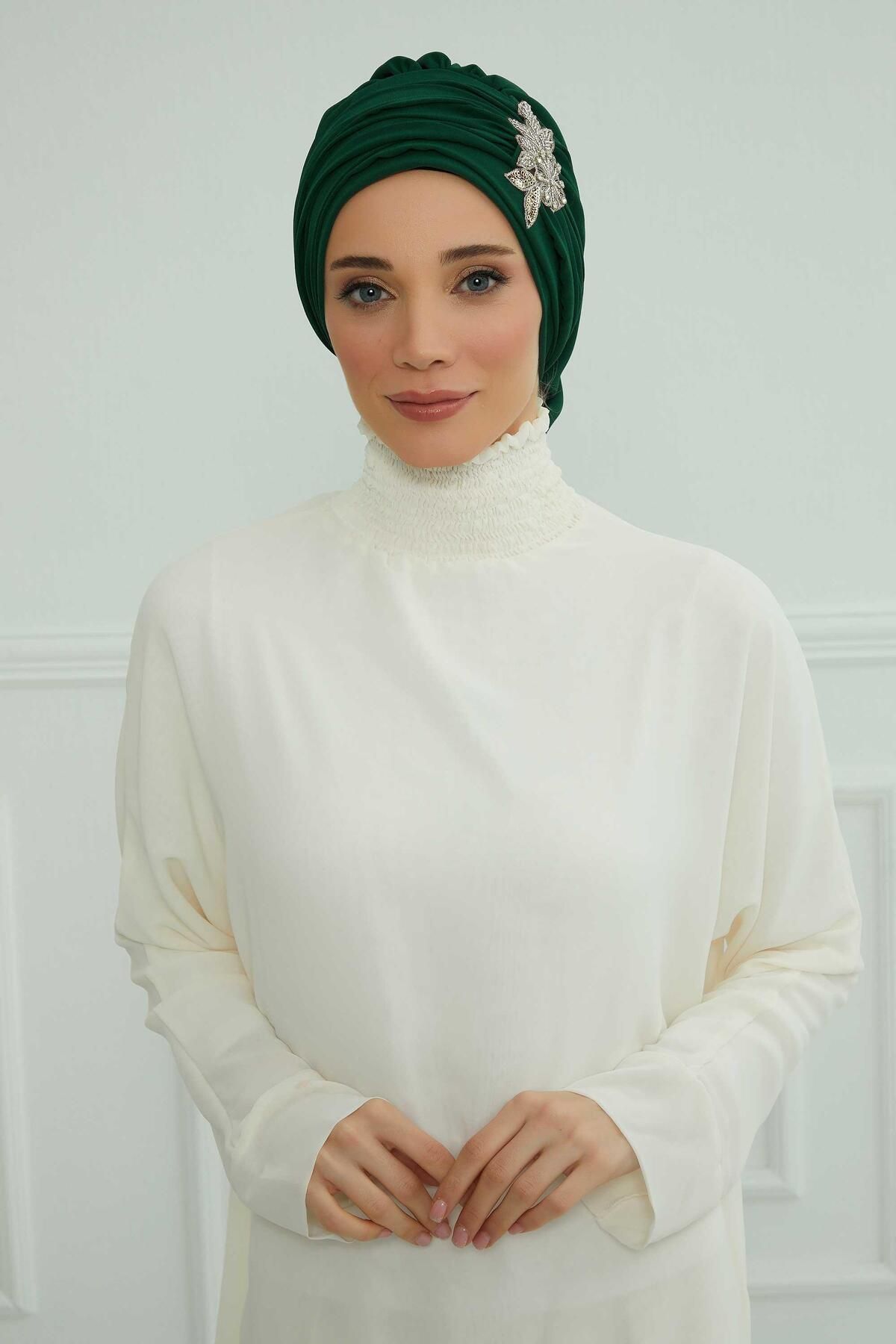 Aisha's Design-Turban din șifon cu model de flori de piatră - cu pliuri și accesorii, gata de utilizare, ht-105,ht-105 2