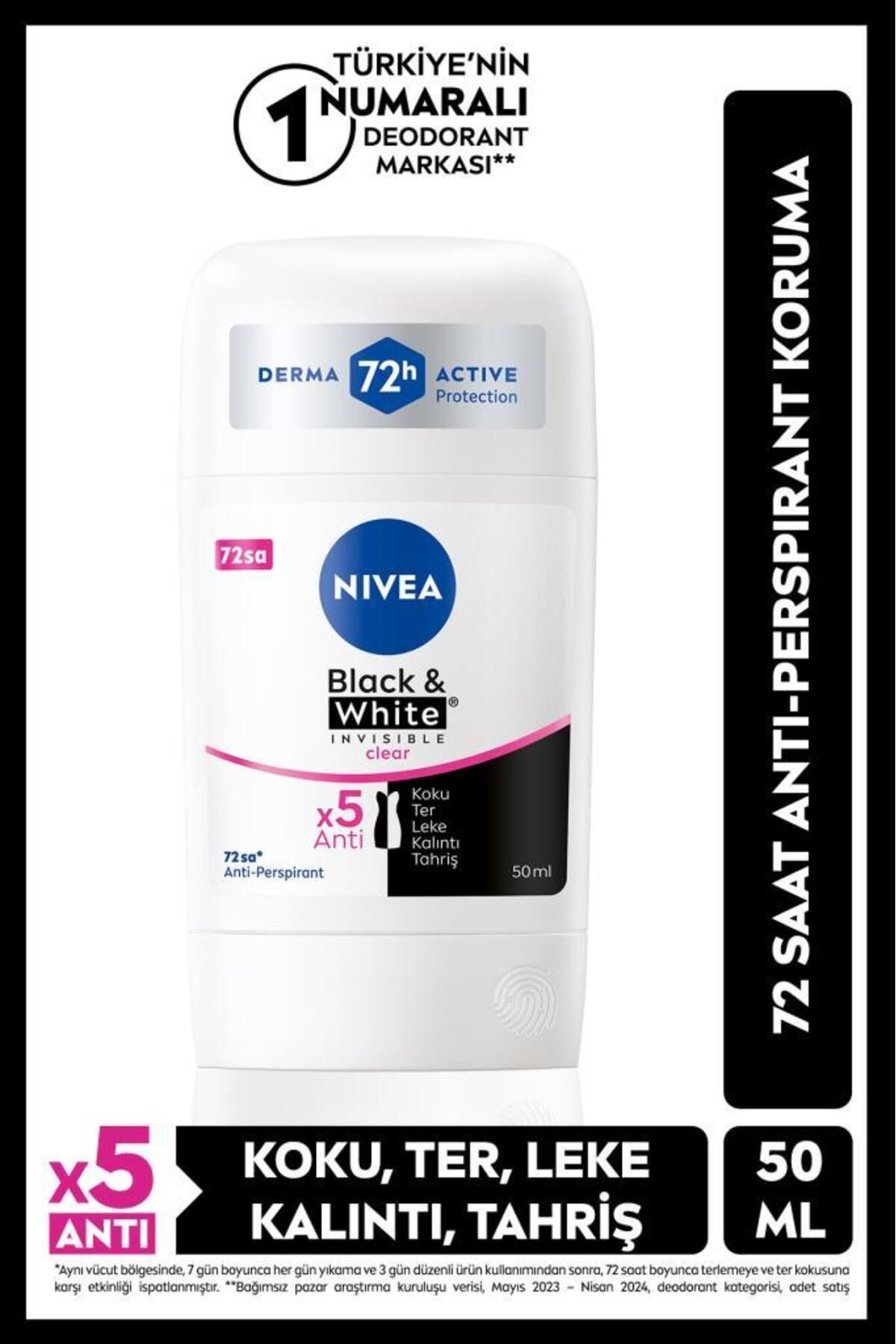 NIVEA Kadın Stick Deodorant Black&white Invisible Clear 50ml, 72 Saat Anti-perspirant Ter Koruması