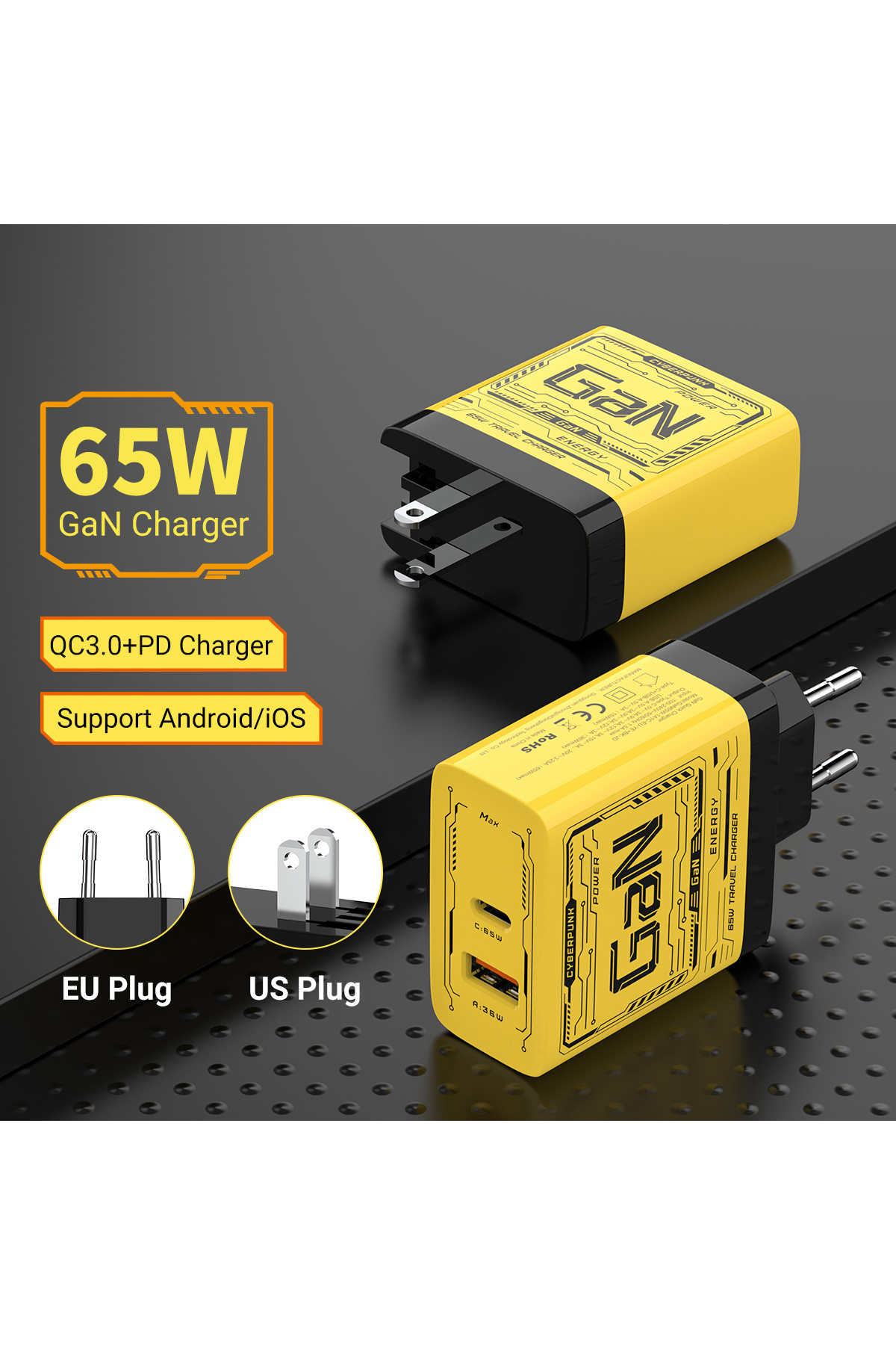 Choice-EU/US Plug PD65W GaN Fast Charger with Type-C and USB-A Interface Universal Dual Port Wall Charge... 2