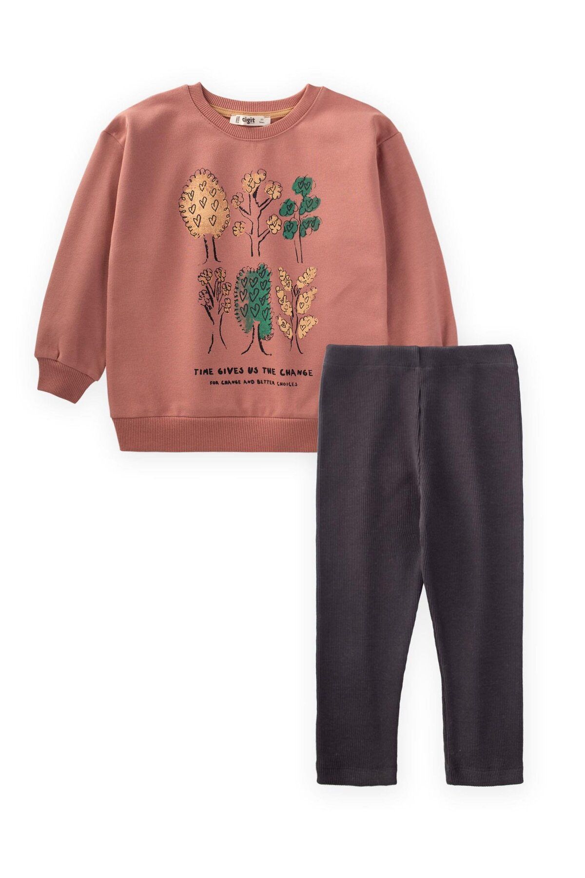 Cigit-Tree Printed Leggings Sweatshirt and Dusty Rose Set for 2-10 Years Old Girls 1