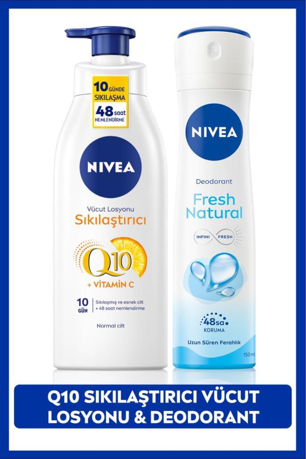 نیوا اسپری دئودورانت زنانه Fresh Natural 150 میلی‌لیتر، لوسیون بدن سفت‌کننده و مرطوب‌کننده Q10 400 میلی‌لیتر