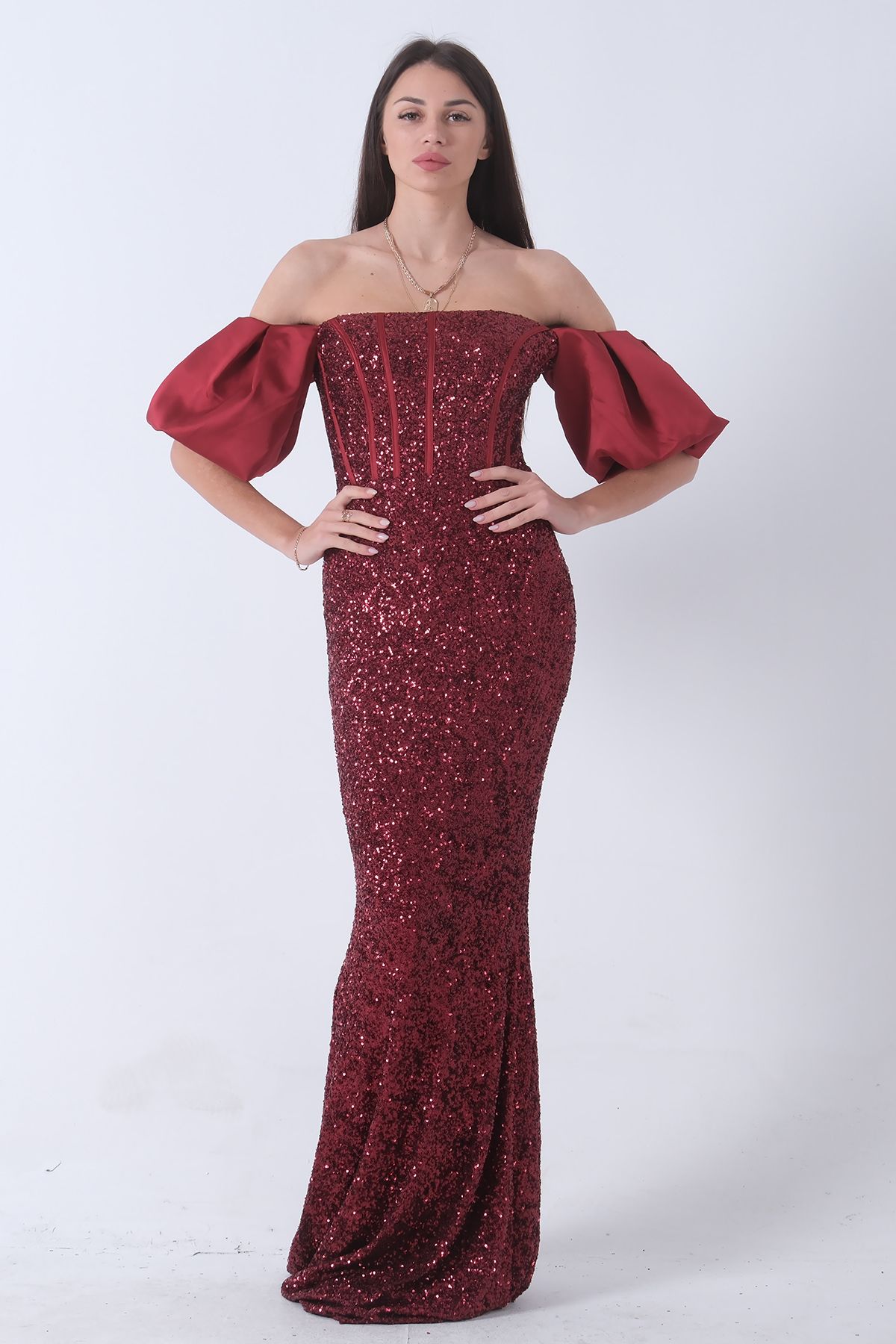 Feminist-Rochie de seara cu maneca balon burgundy - paiete cu paiete 9705296 3