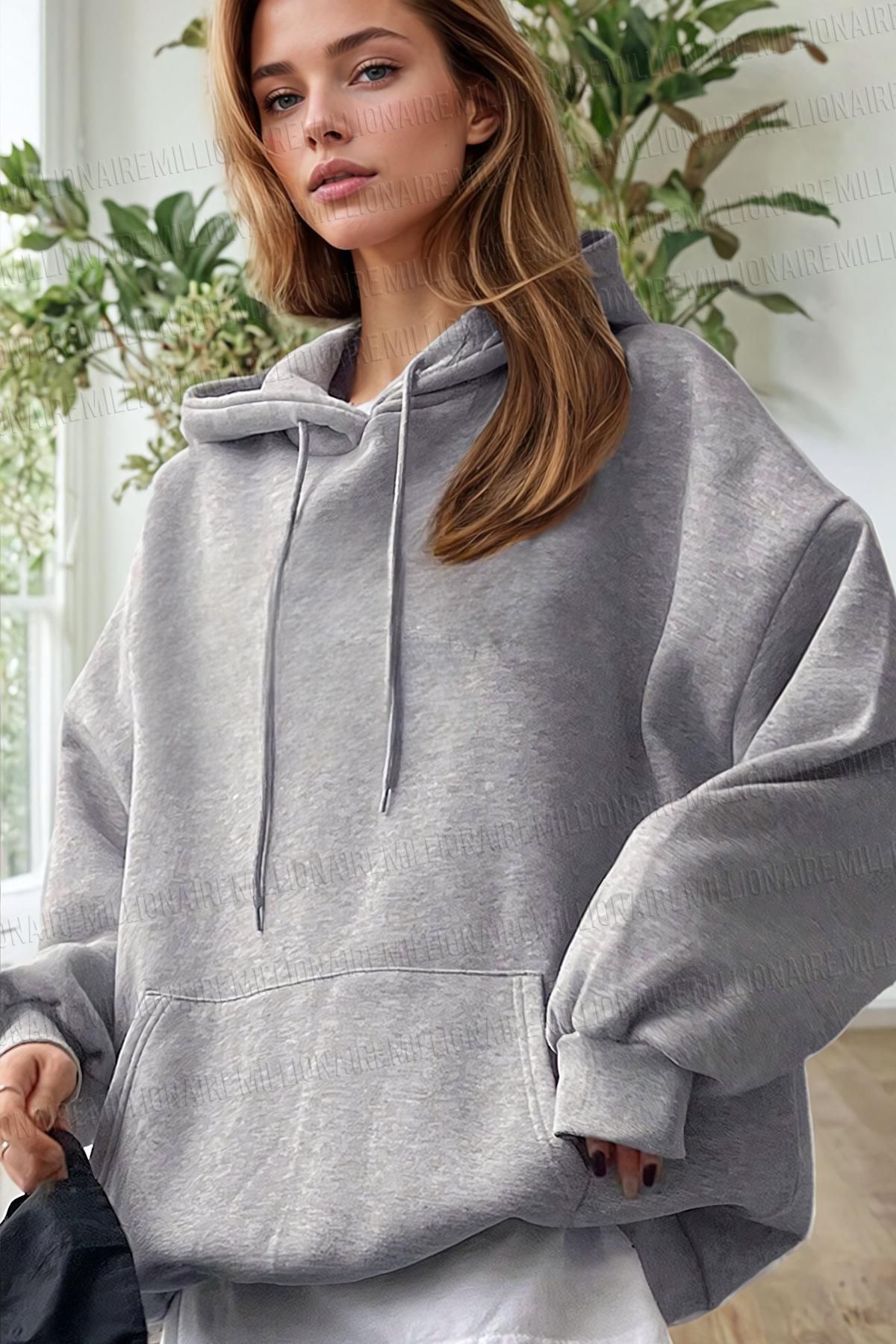 Millionaire-Gray Oversize Hooded Women's Hoodie - 3 Thread Raster Loose Cut Sweatshirt 3