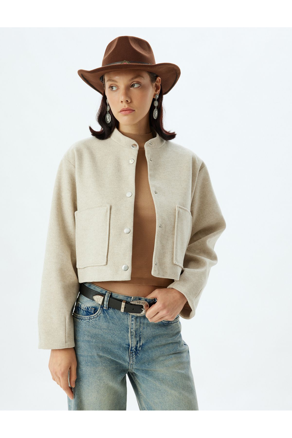 Koton-Buttoned Round Collar Crop Bomber Jacket with Pockets 3
