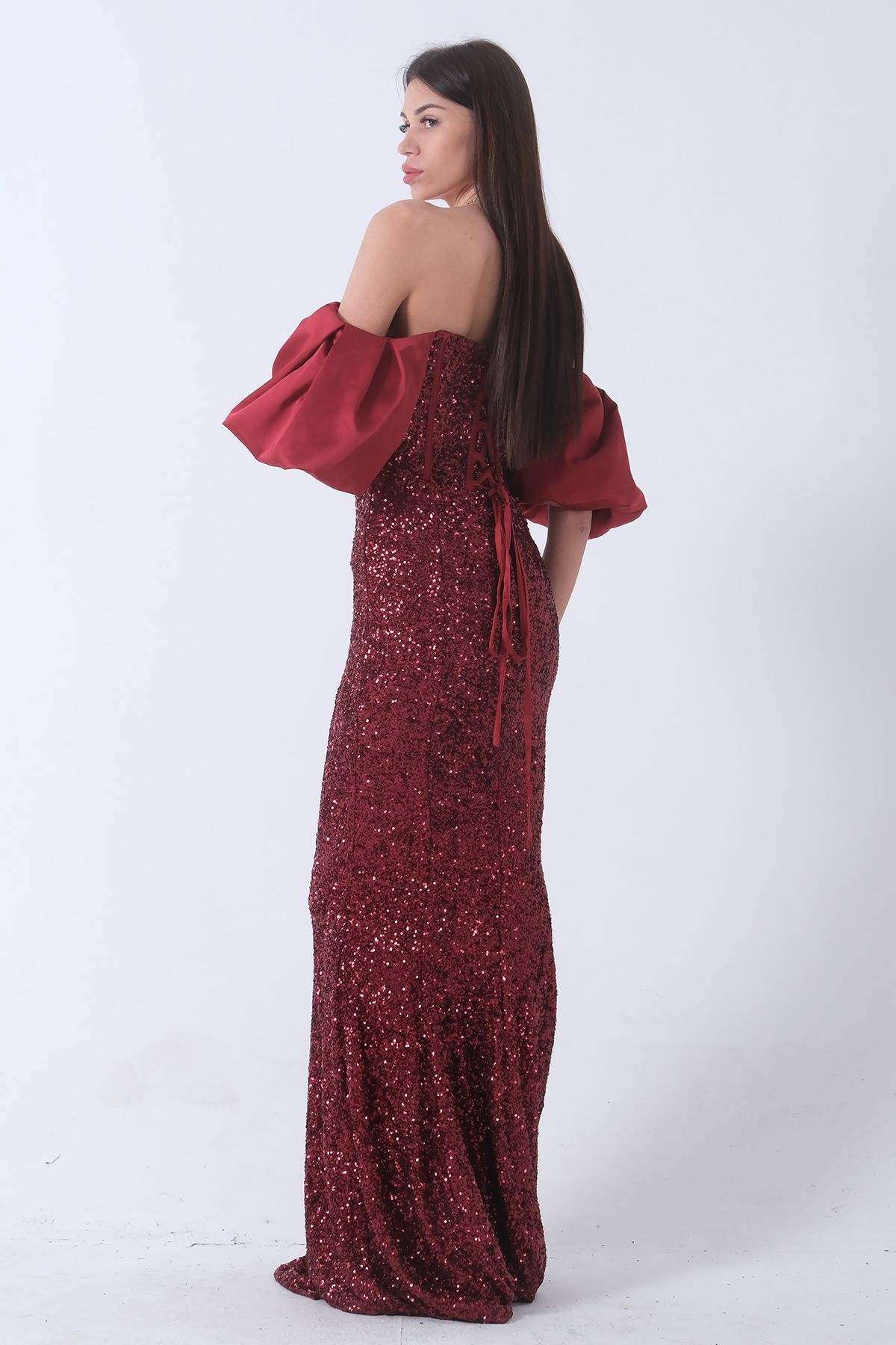 Feminist-Rochie de seara cu maneca balon burgundy - paiete cu paiete 9705296 4
