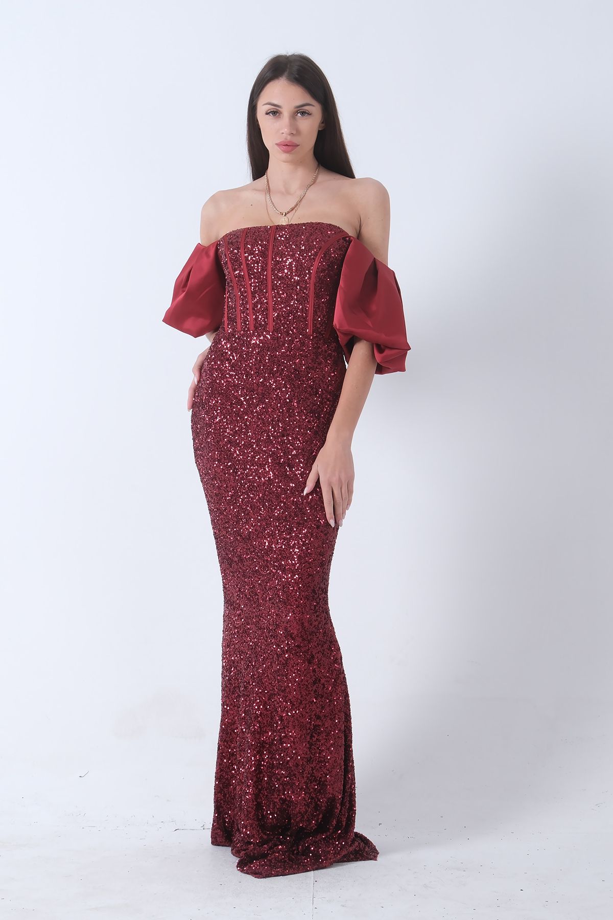 Feminist-Rochie de seara cu maneca balon burgundy - paiete cu paiete 9705296 6
