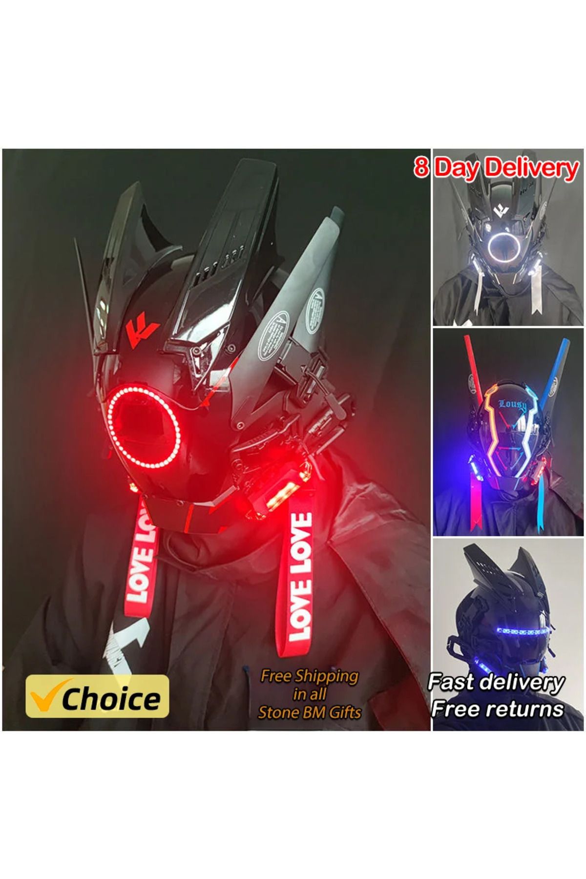 Choice-2024 New Halloween Mask Black Cyberpunk Robot Mask LED Glow Tech Boy Helmet Cyberpunk Mask LED Gl... 3