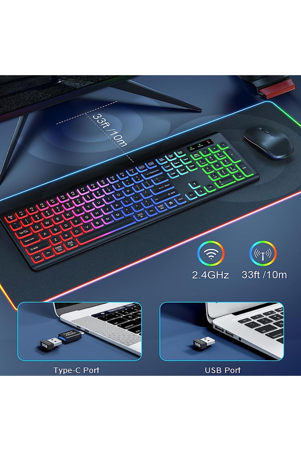 Choice-JOMAA 2.4G Wireless Keyboard Mouse Combo RGB Backlit Rechargeable Full-Size Ergonomic Type-c Wire... 2