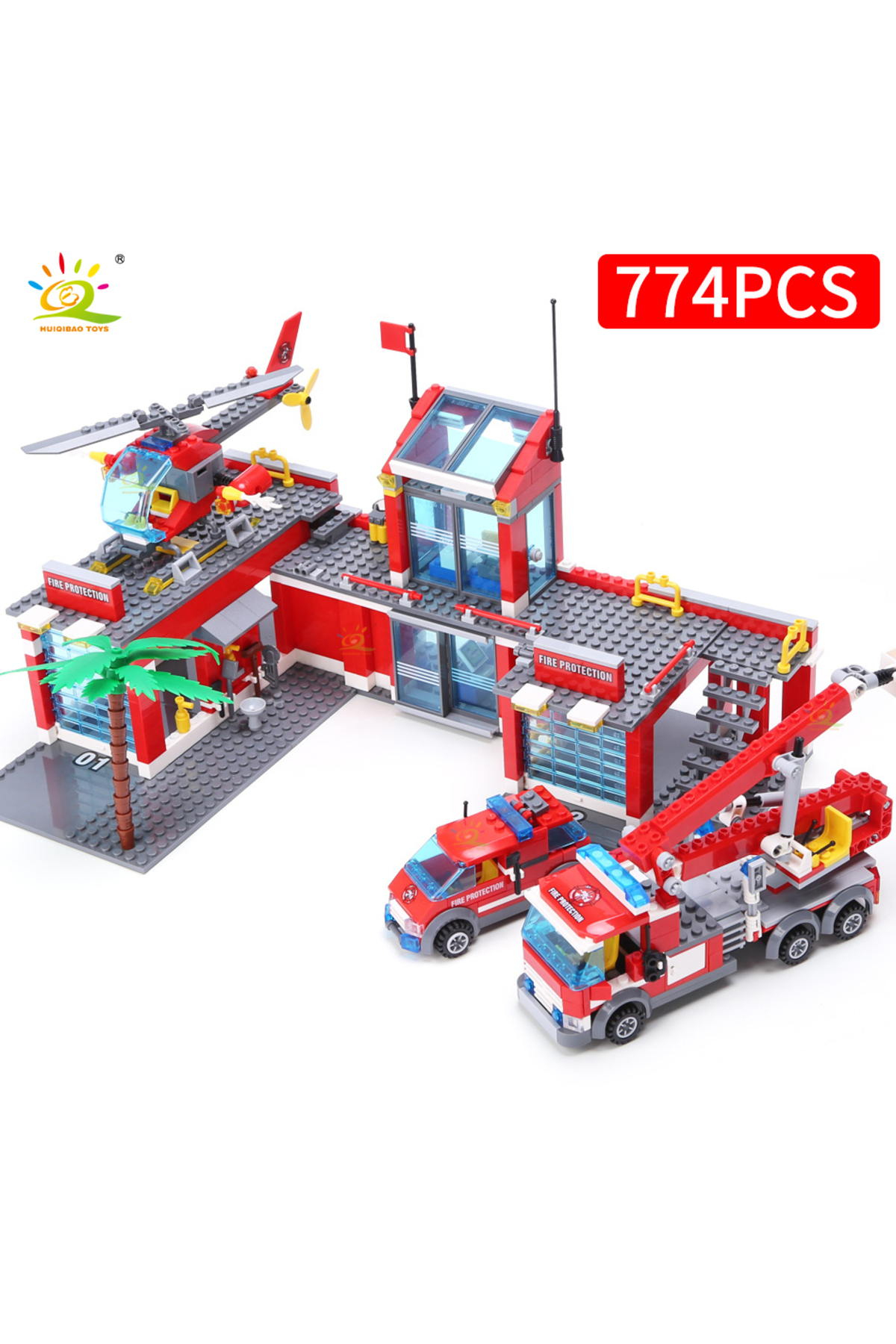 بدون جعبه اصلی HUIQIBAO ۷۷۴ تکه بلوک‌های ساختمانی مدل ایستگاه آتش‌نشانی شهری، ماشین آتش‌نشانی پسرانه Educa