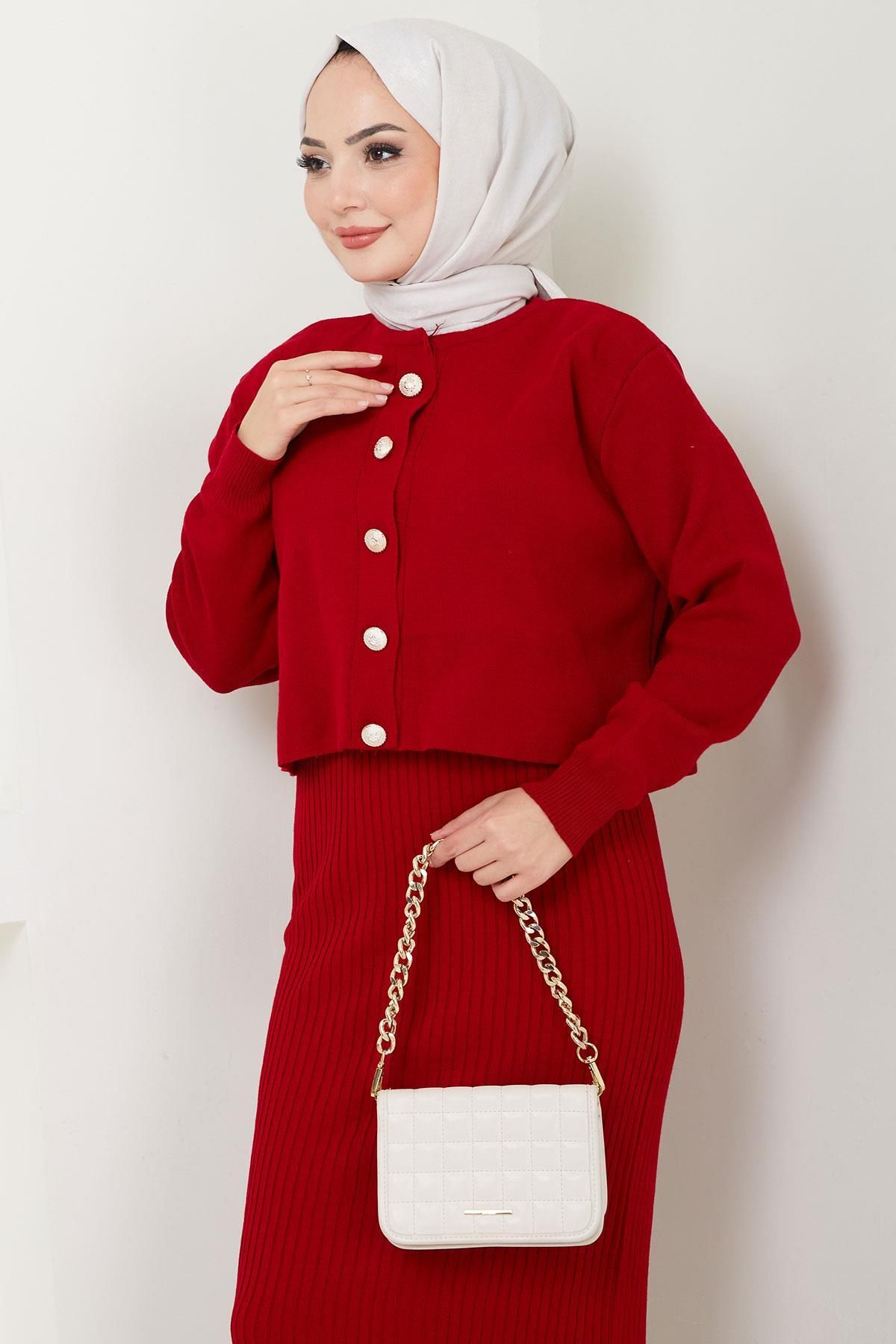 hafsamina-Red Knitwear Set - Cardigan and Gilet Hm2581 4