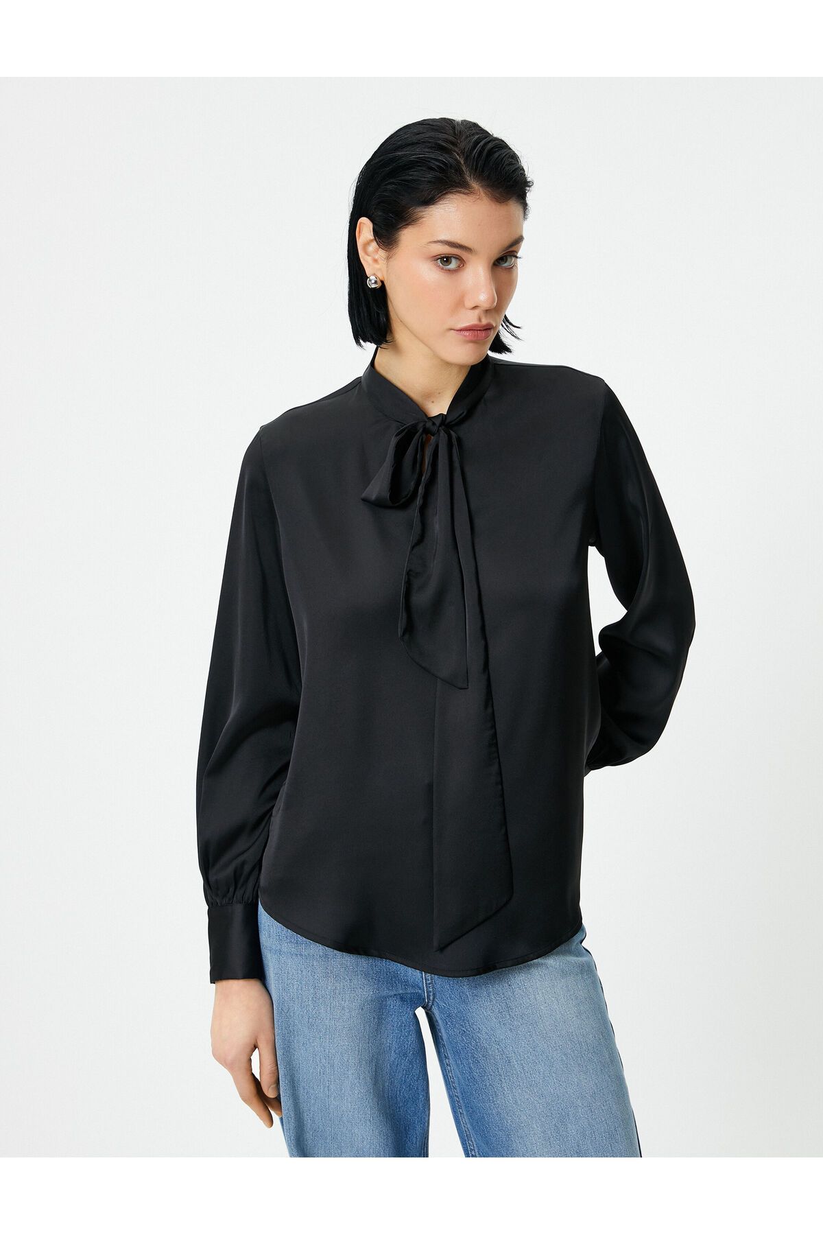 Koton-Langärmlige Satinbluse – Schnürdetail 3