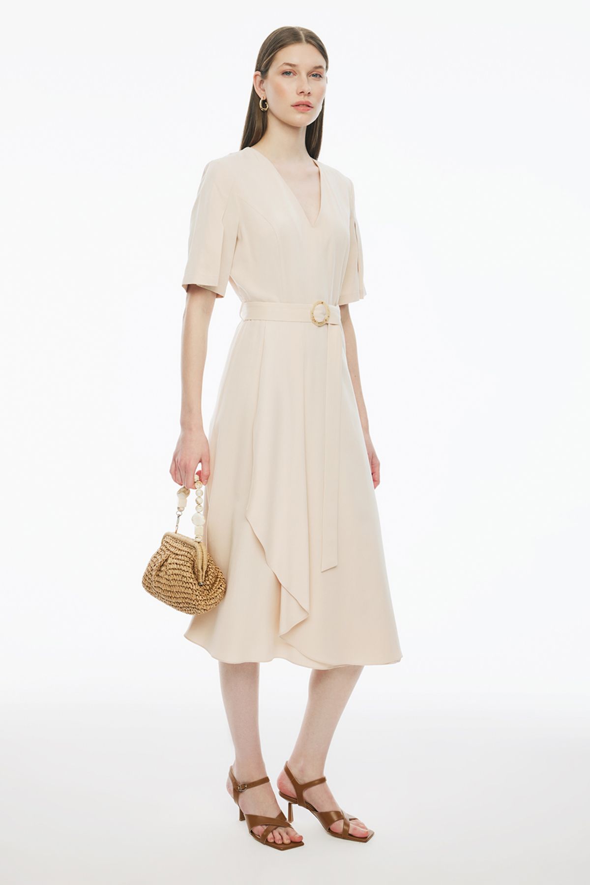 Perspective-Beige Colored Adieles Regular Fit Midi Dress - V-Neck and Fitted Sleeve 2