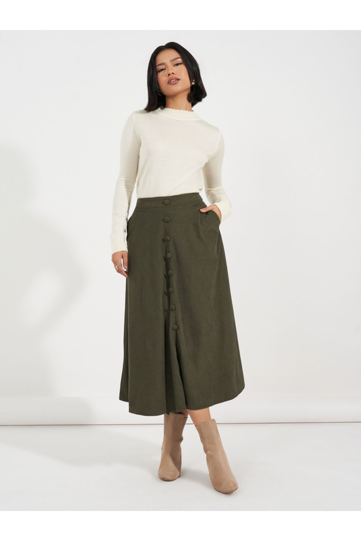 Styli-Corduroy Flared Midi Skirt with Button Detail 5