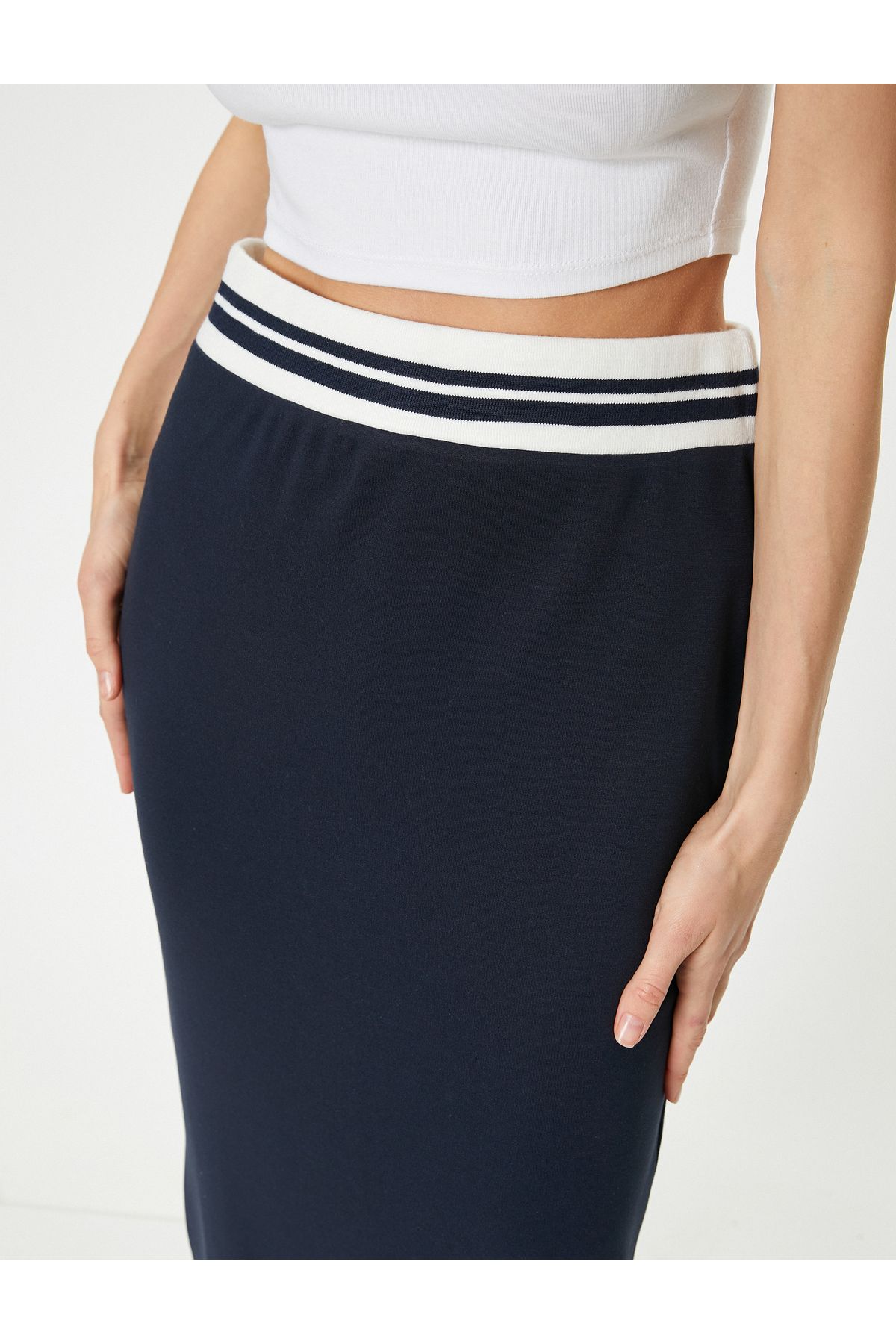 Koton-Color Contrast Midi Slim Fit Pencil Skirt - Elastic Waist and Slit 5