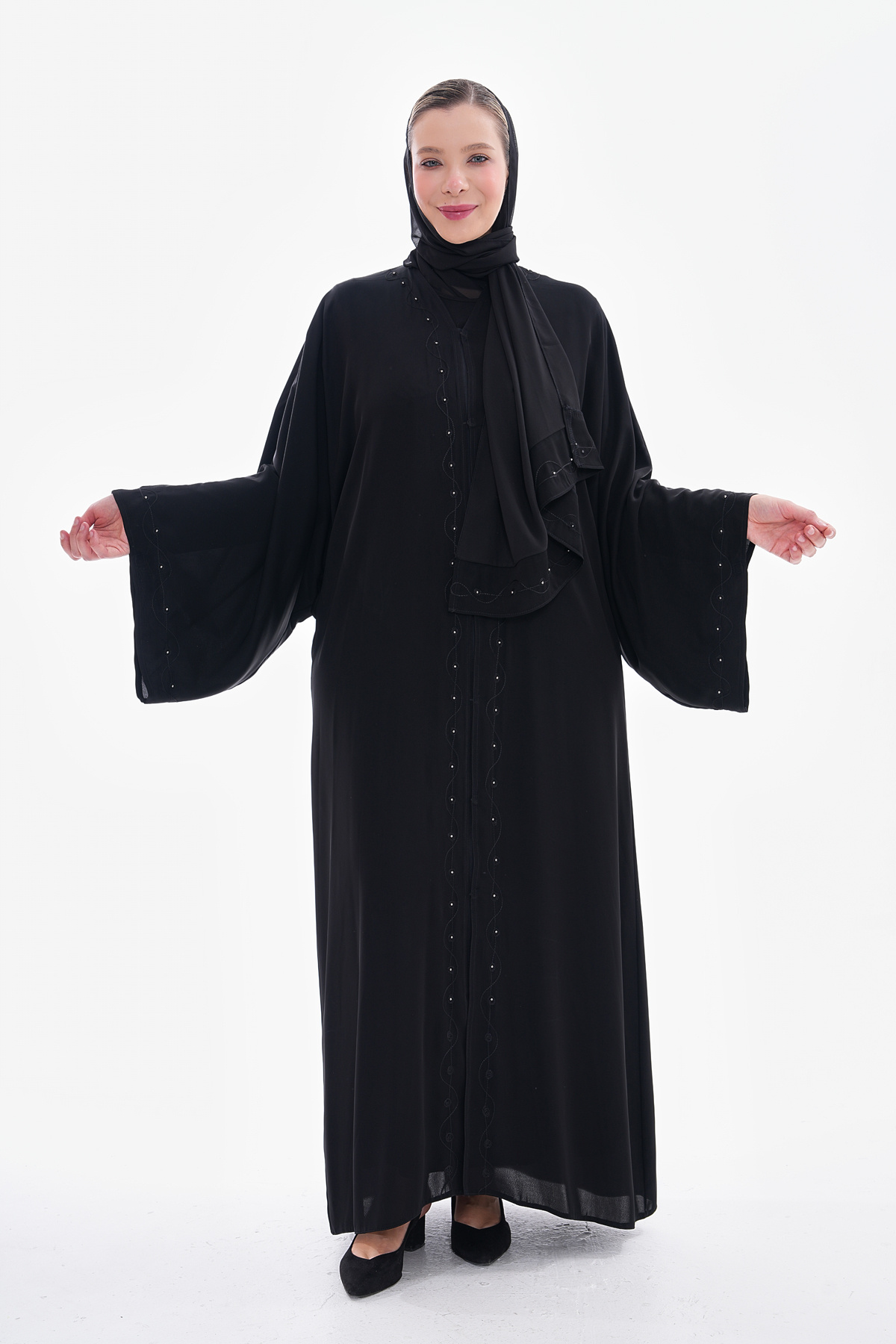 GigiTex Hijap Şık Ve Kaliteli Dubai Ipeği Şallı Abaya Ferace Nakışlı Ve Çakma Incili