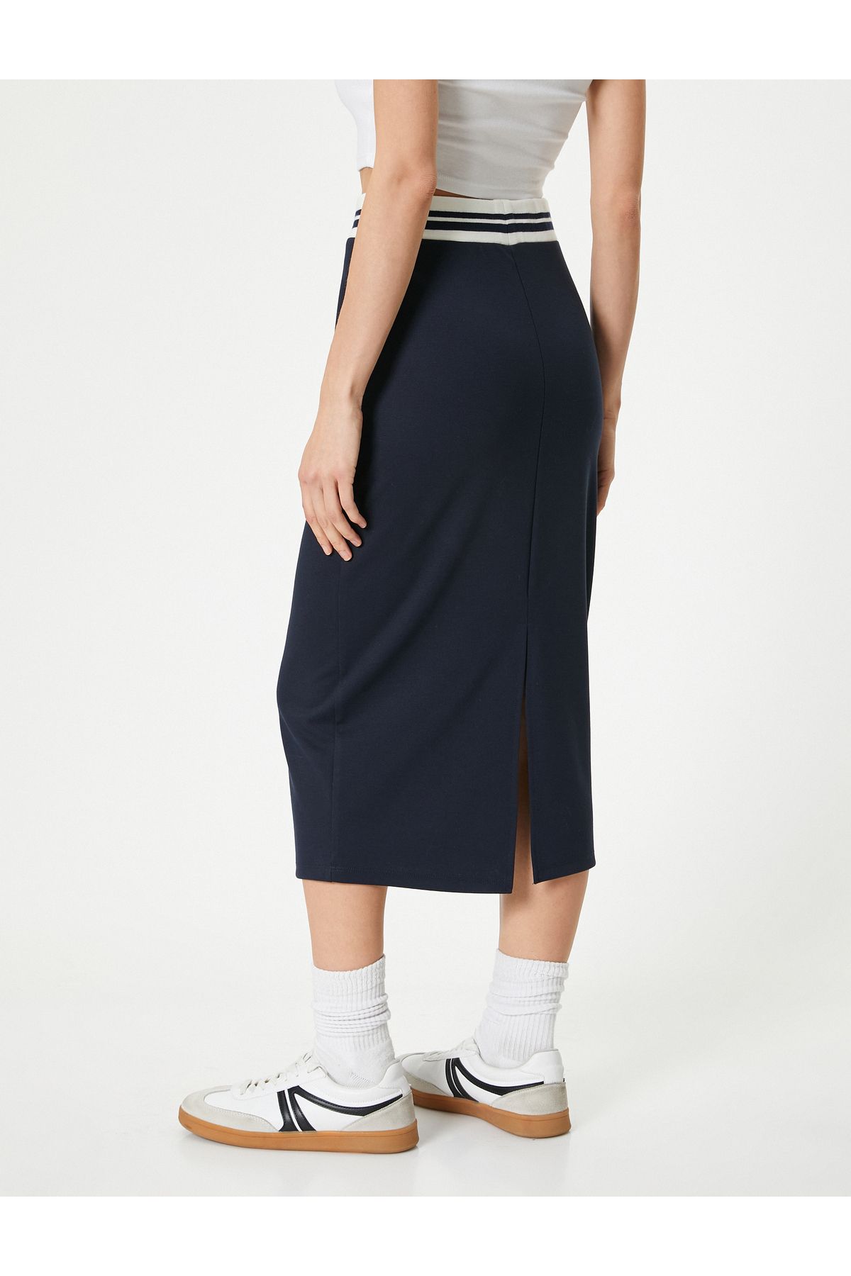 Koton-Color Contrast Midi Slim Fit Pencil Skirt - Elastic Waist and Slit 4