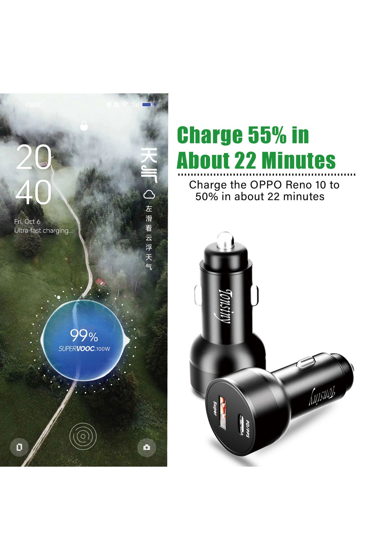 Choice-For OPPO car charger SuperVooc 100W, Cigarette Lighter plug for OPPO Find X7 Reno8,12V Usb for re... 3