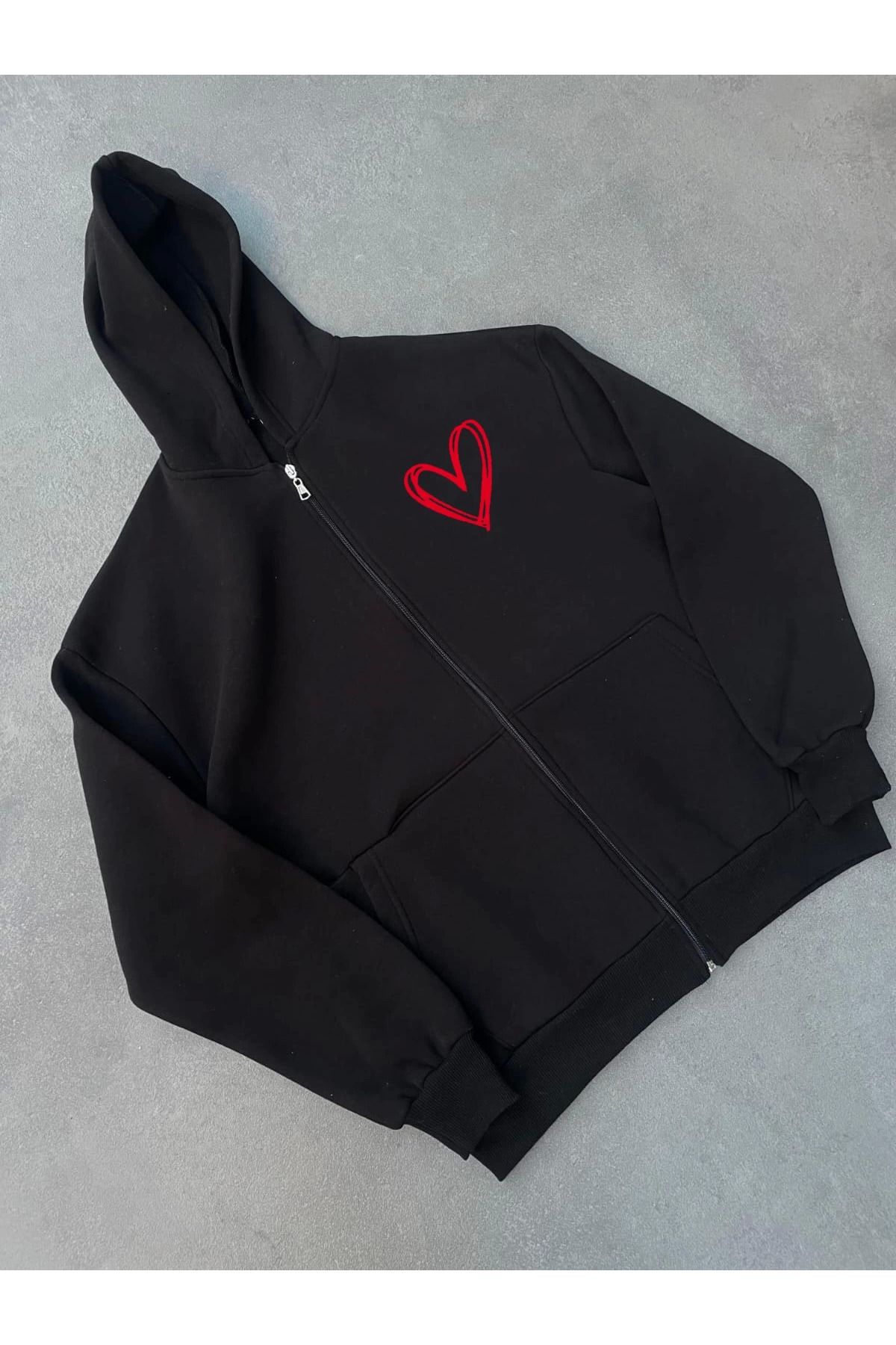 Pink Stil Üç İplik Baskılı Fermuarlı Kapüşonlu Hırka - Siyah Pink Stil