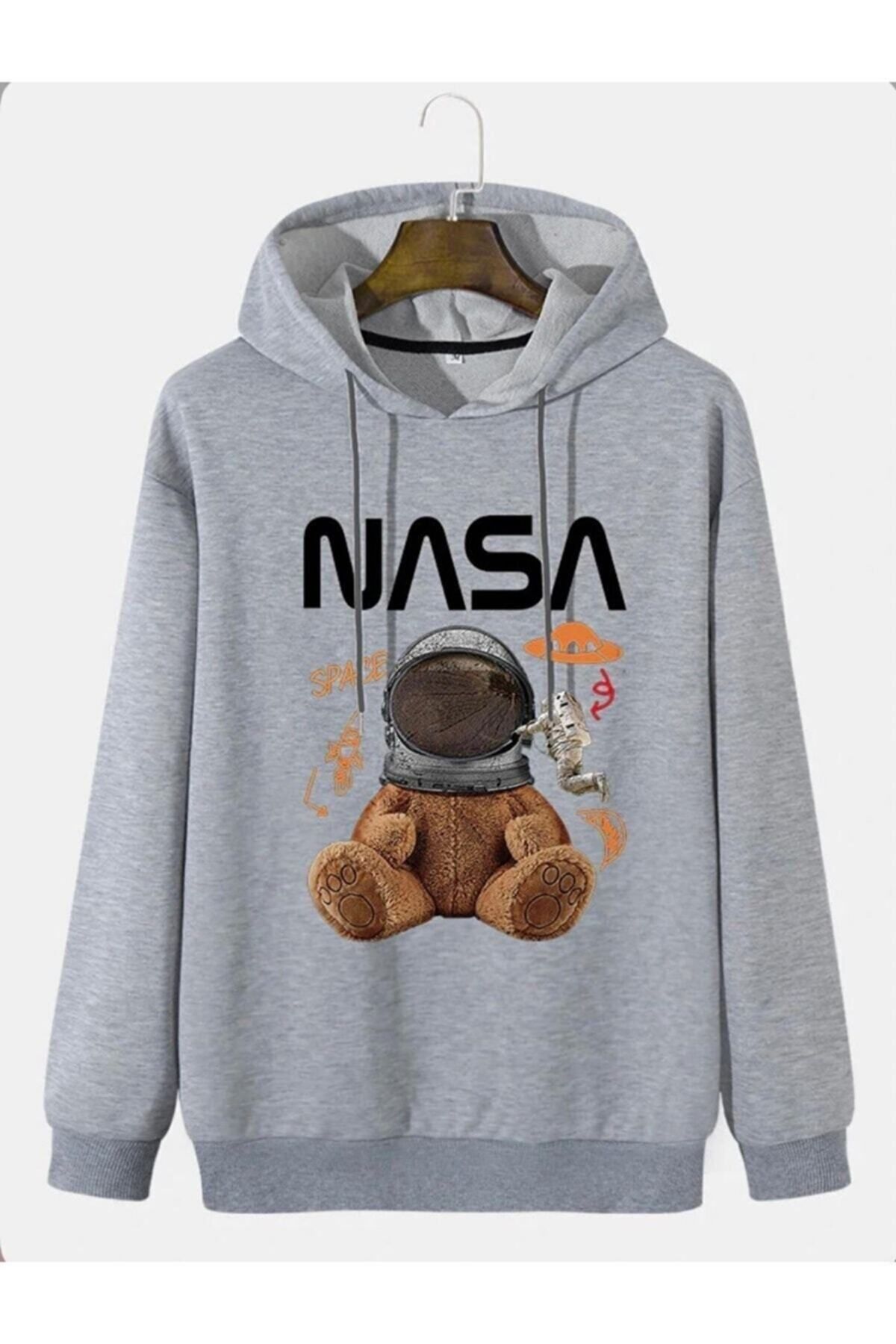 GIANTSTORE Unisex Gri Ayıcıklı Nasa Baskılı Sweatshirt