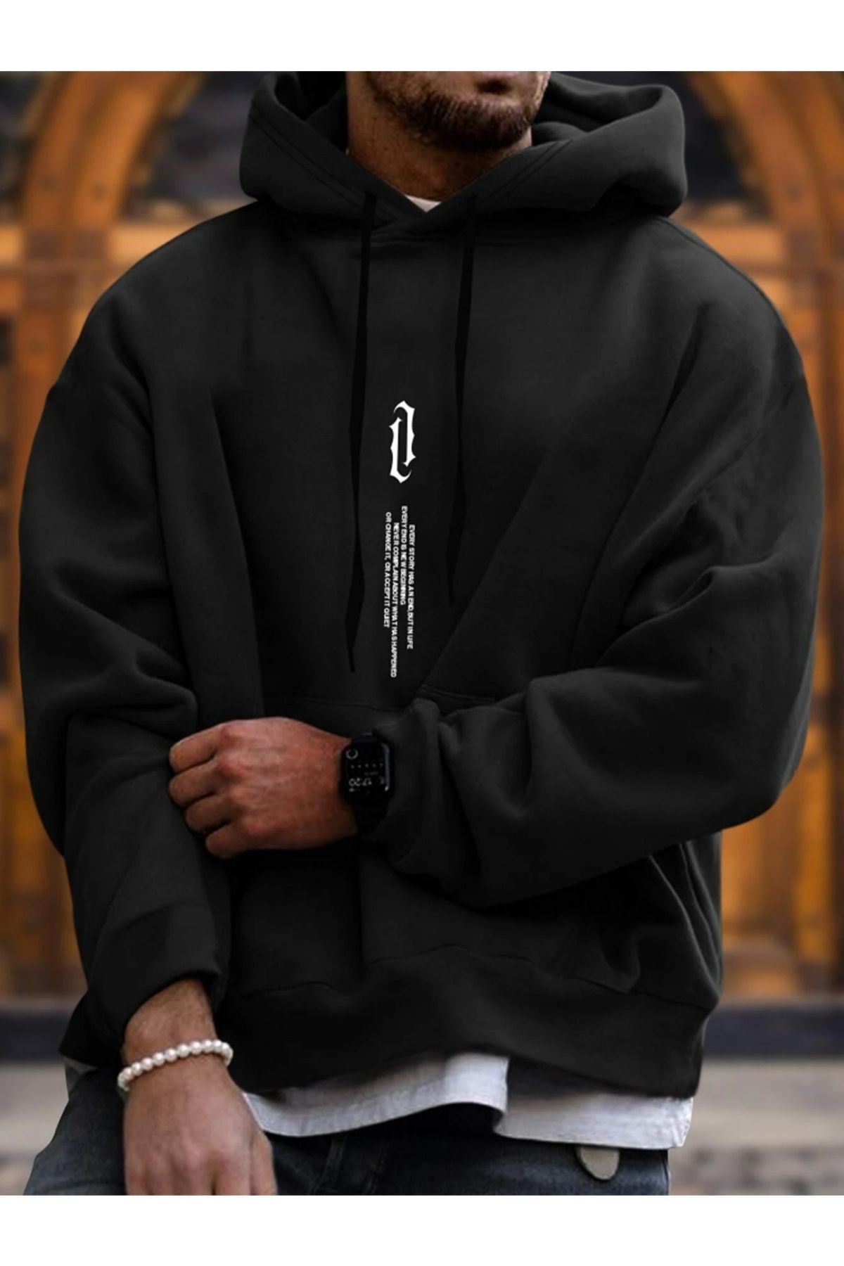 GIANTSTORE Dikey Sembol Kalın Kışlık Sweatshirt - Siyah Baskılı Oversize Şardonlu Cepli Kapüşonlu