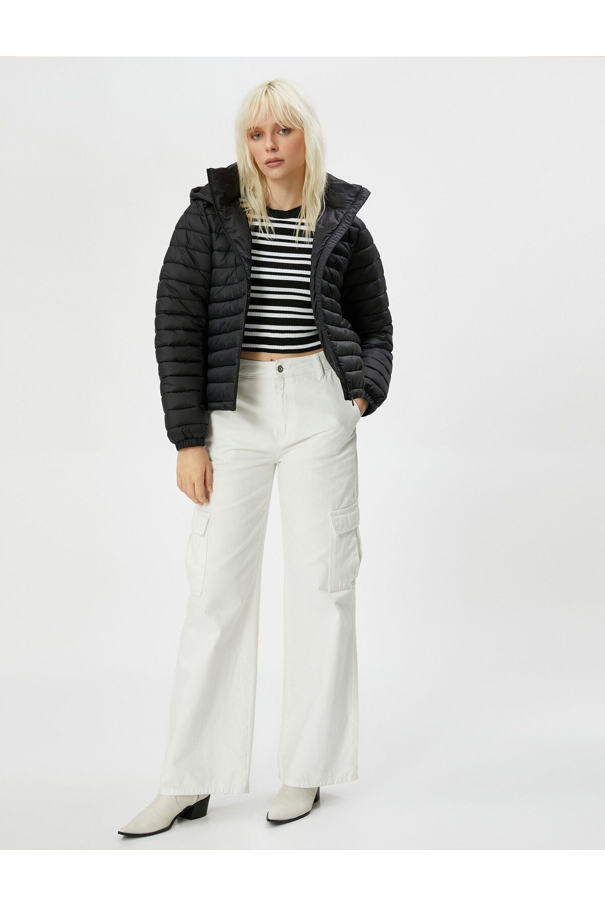 Koton-Short Puffer Jacket with Hooded Zipper and Elastic Sleeves 2