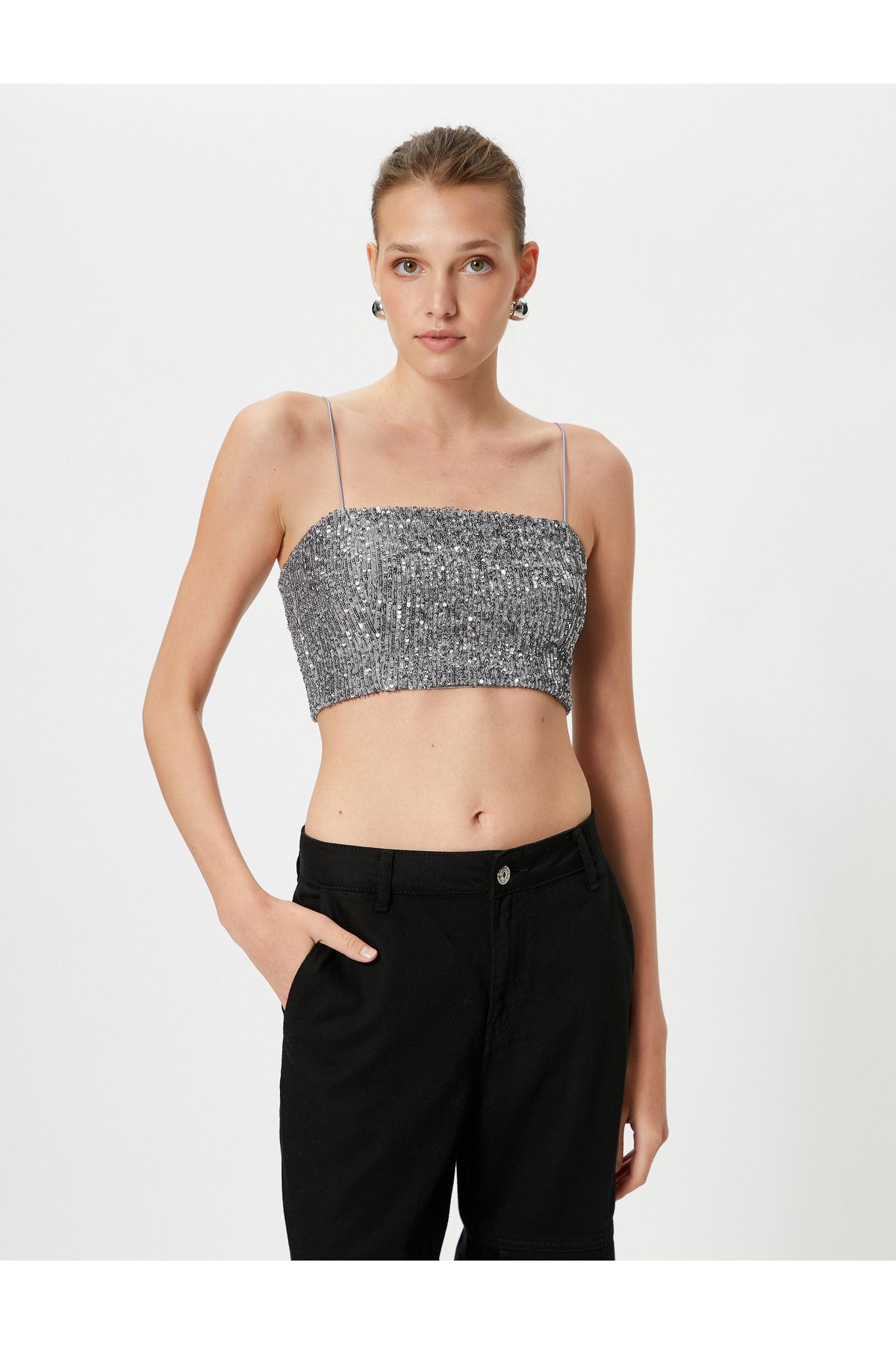 Koton-Flitrovaný Crop Top tenká ramínka se čtvercovým výstřihem 3