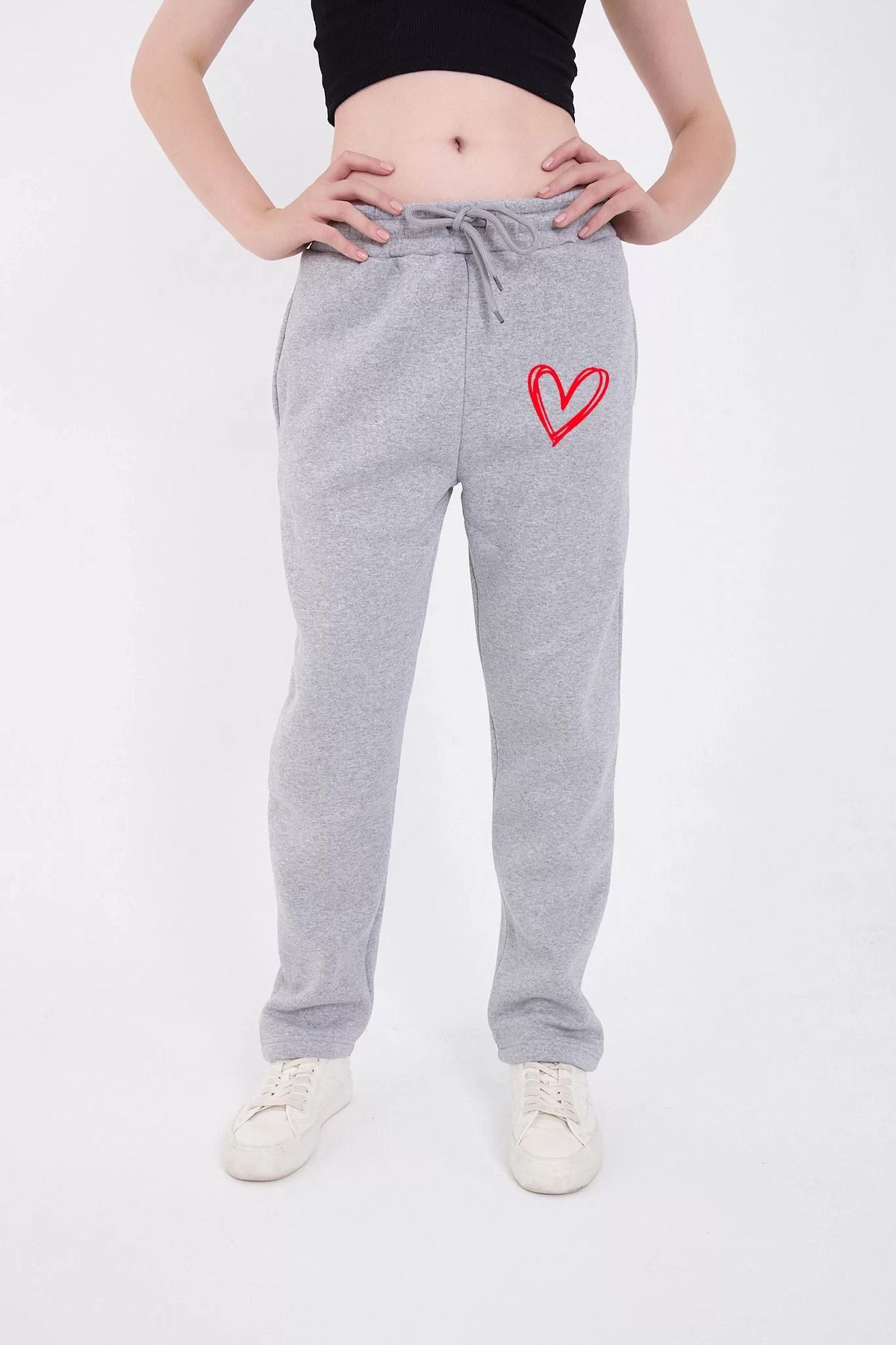SA Alişveriş Dünyam Oversize Boru Paça Baskılı Eşofman Pantolon - Gri