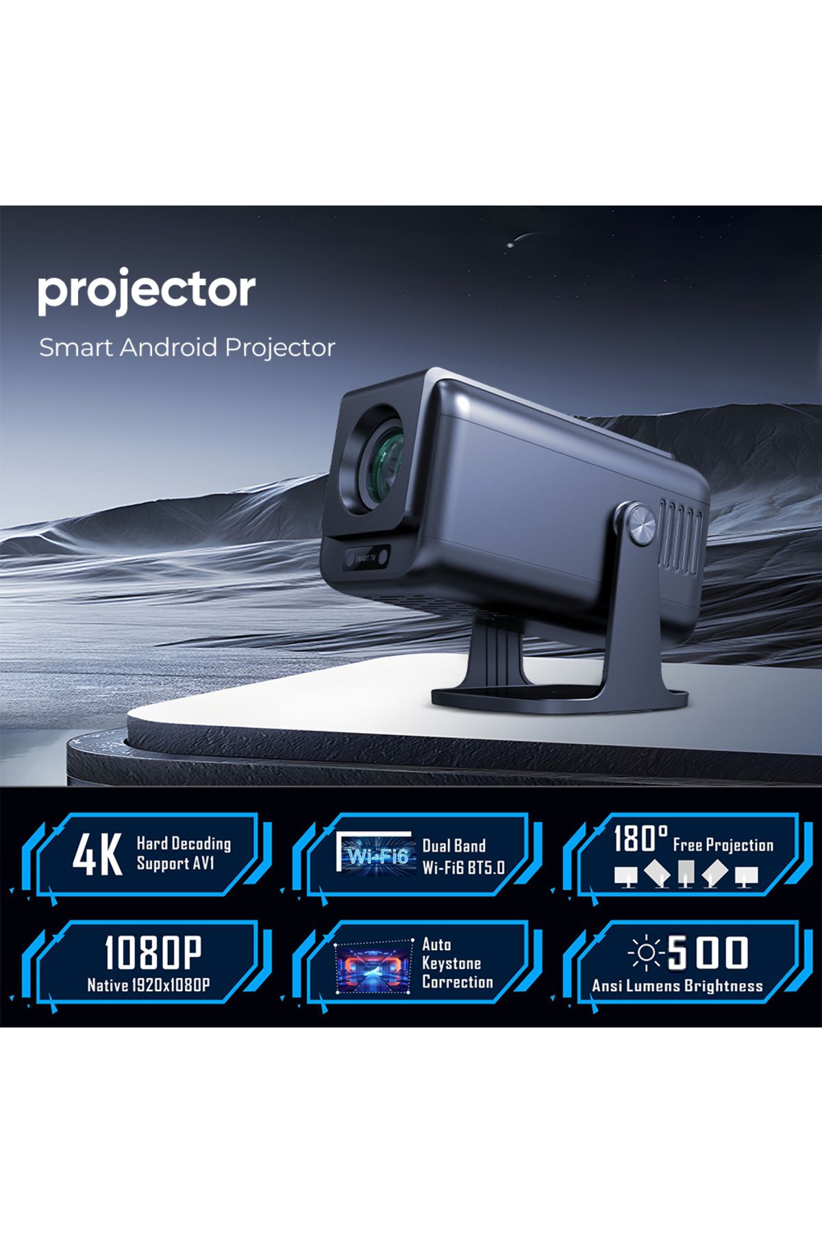 Choice-WUDUNG V1 Smart Projector 4K 1080P 500ANSI Android13 Media Center Amlogic 950S Quad Cortex-A53 Wi... 1
