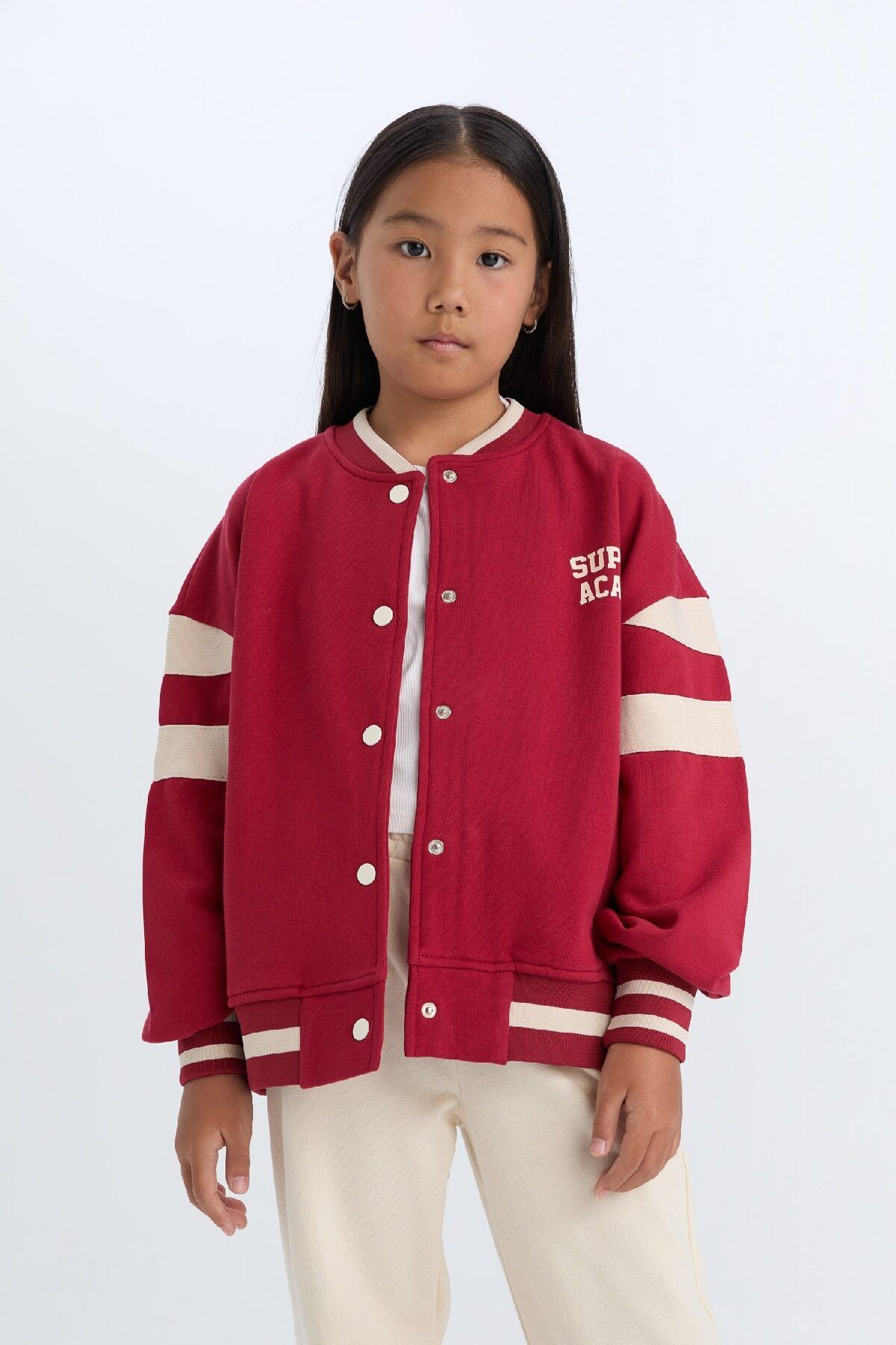 DeFacto-Girl's Soft Feather Bomber Cardigan - College Collar, Printed, Snap Closure D4269A824Wn 1