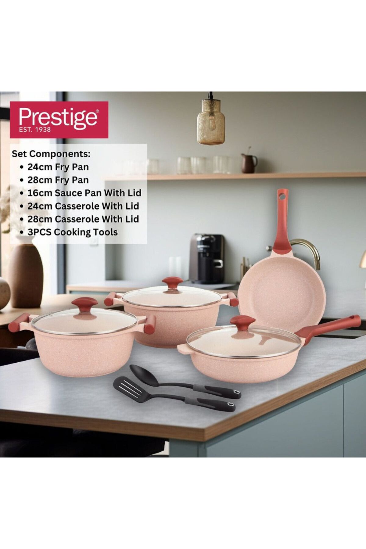 Prestige-Essentials Granite Nonstick Pots and Pans Set | Induction Cookware Set 11 Pieces  - Pink 6