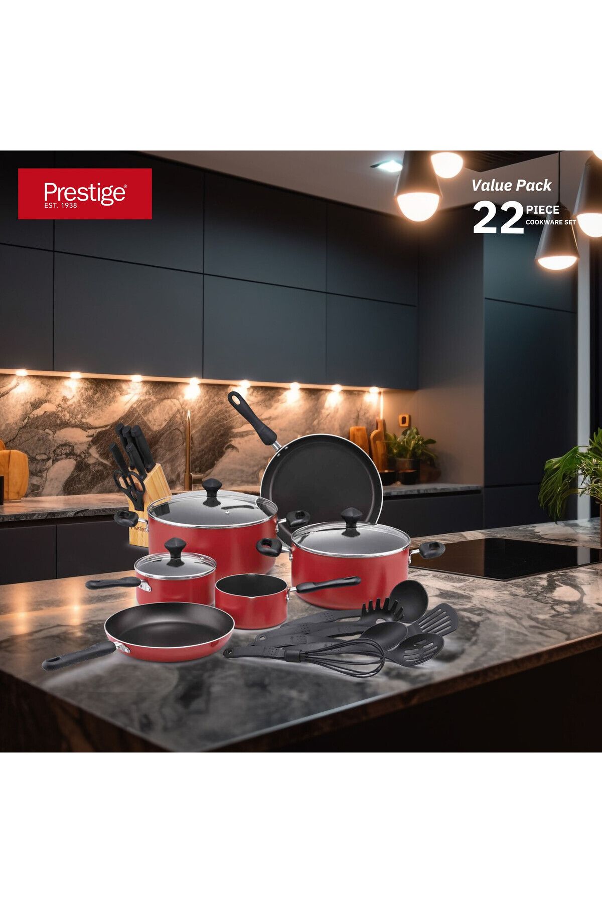 Prestige-طقم أواني طهي غير لاصقة مكون من 22 قطعة | مجموعة أدوات طهي اقتصادية PR20965 - أحمر 5