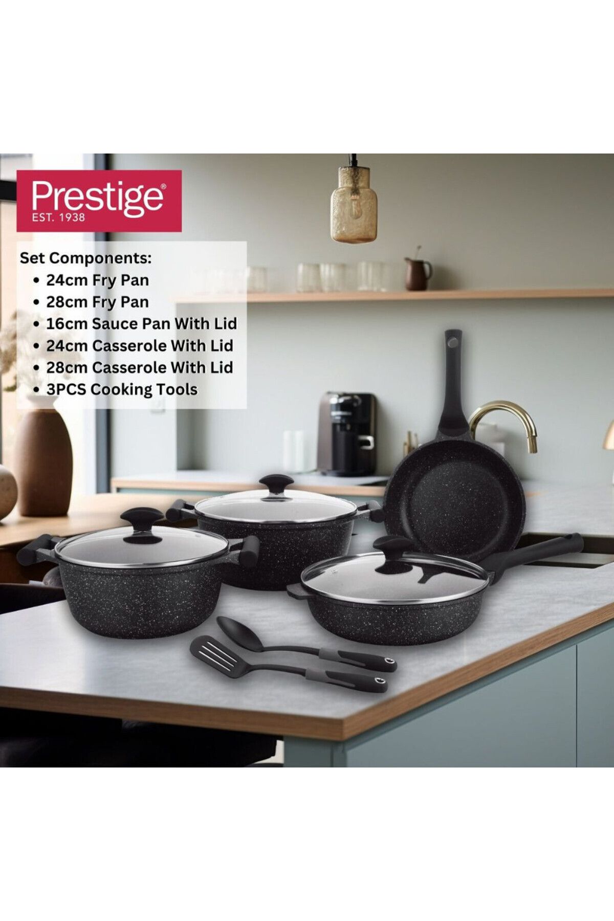 Prestige-Essentials Granite 9pcs Pots and Pans Set | Nonstick Cookware Sets  - Black 5