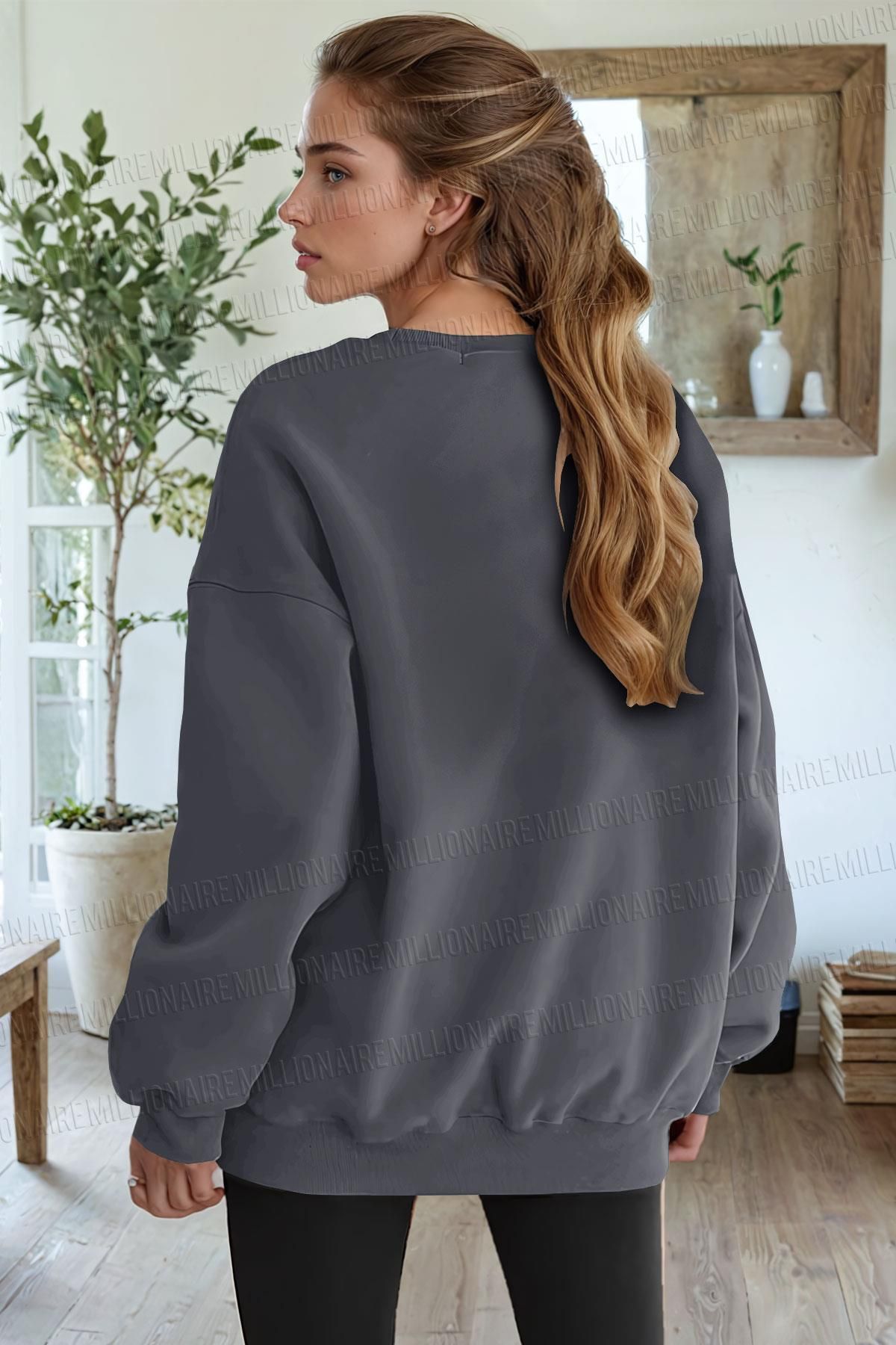 Millionaire-Women's Dark Gray Basic 0 Zero Collar Unprinted Plain Oversize Loose Loose Cut Fleece Sweatshirt 2