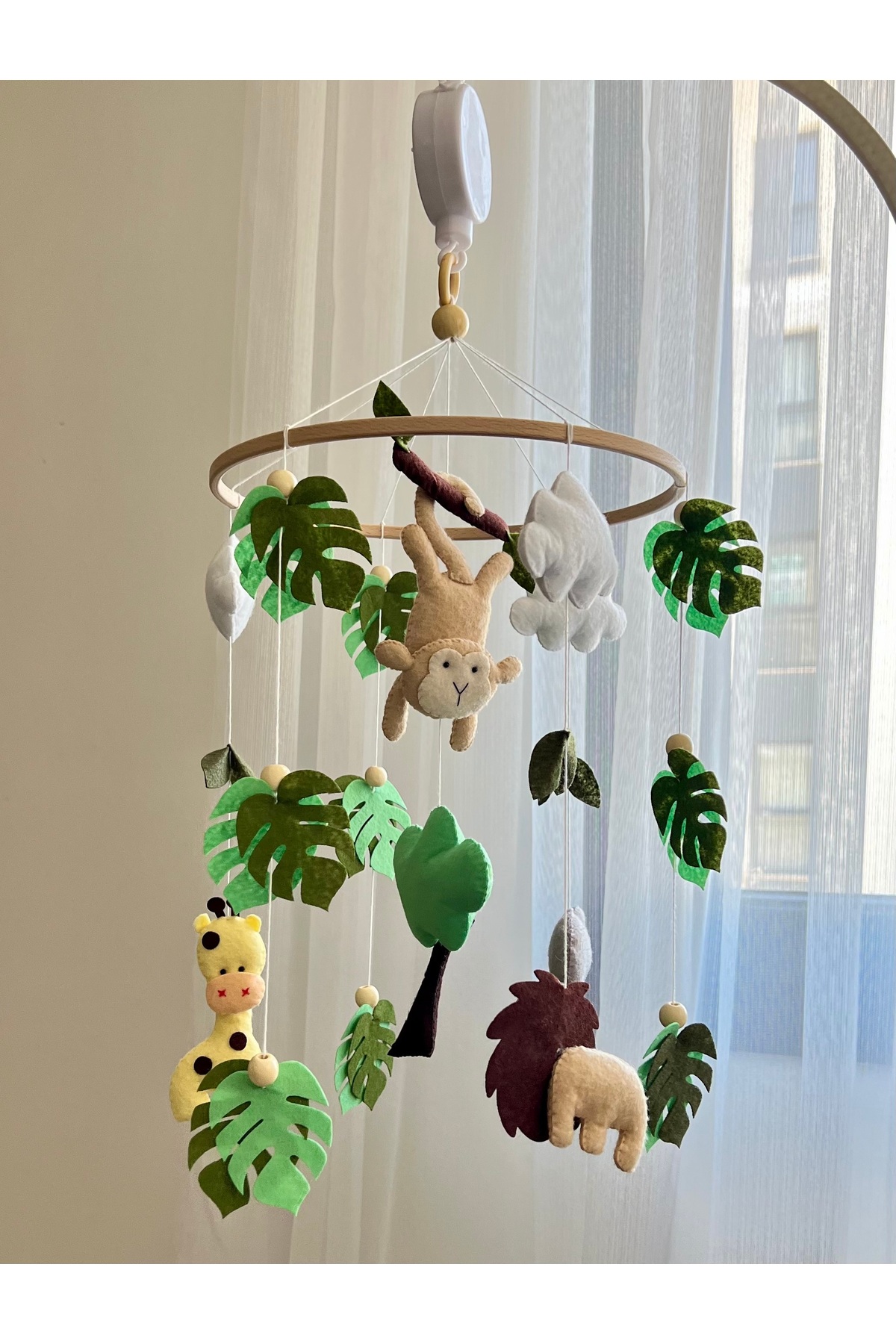 SefDen Lazer Kesim Atölyesi (Müzikli) Safari hayvanları kız veya erkek bebek müzikli beşik dönencesi veya beşik süsü fotoğrafı 2 (önizleme)