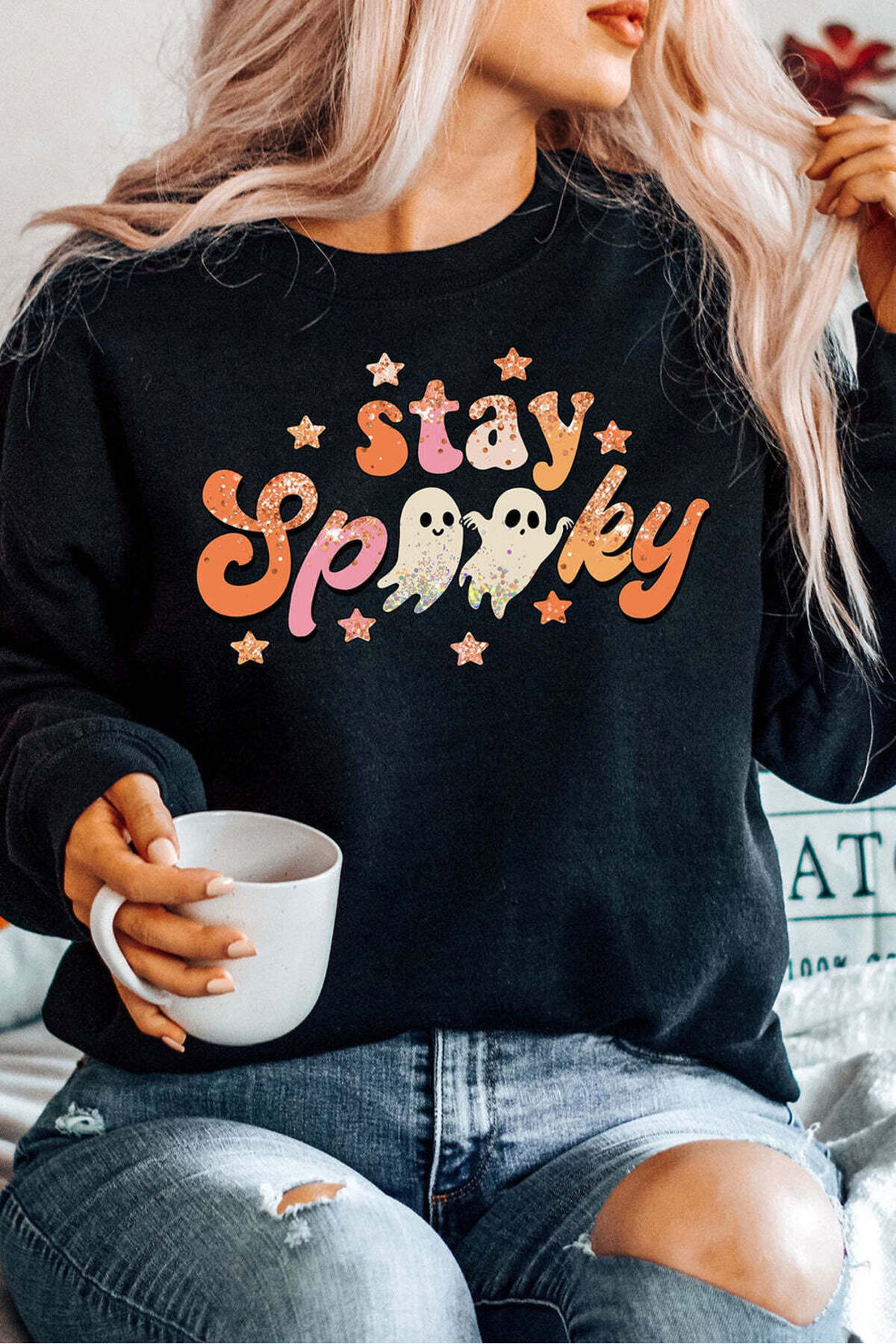 Prekarya design Büyük Beden Siyah Halloween Stay Spooky Baskılı Sweatshirt