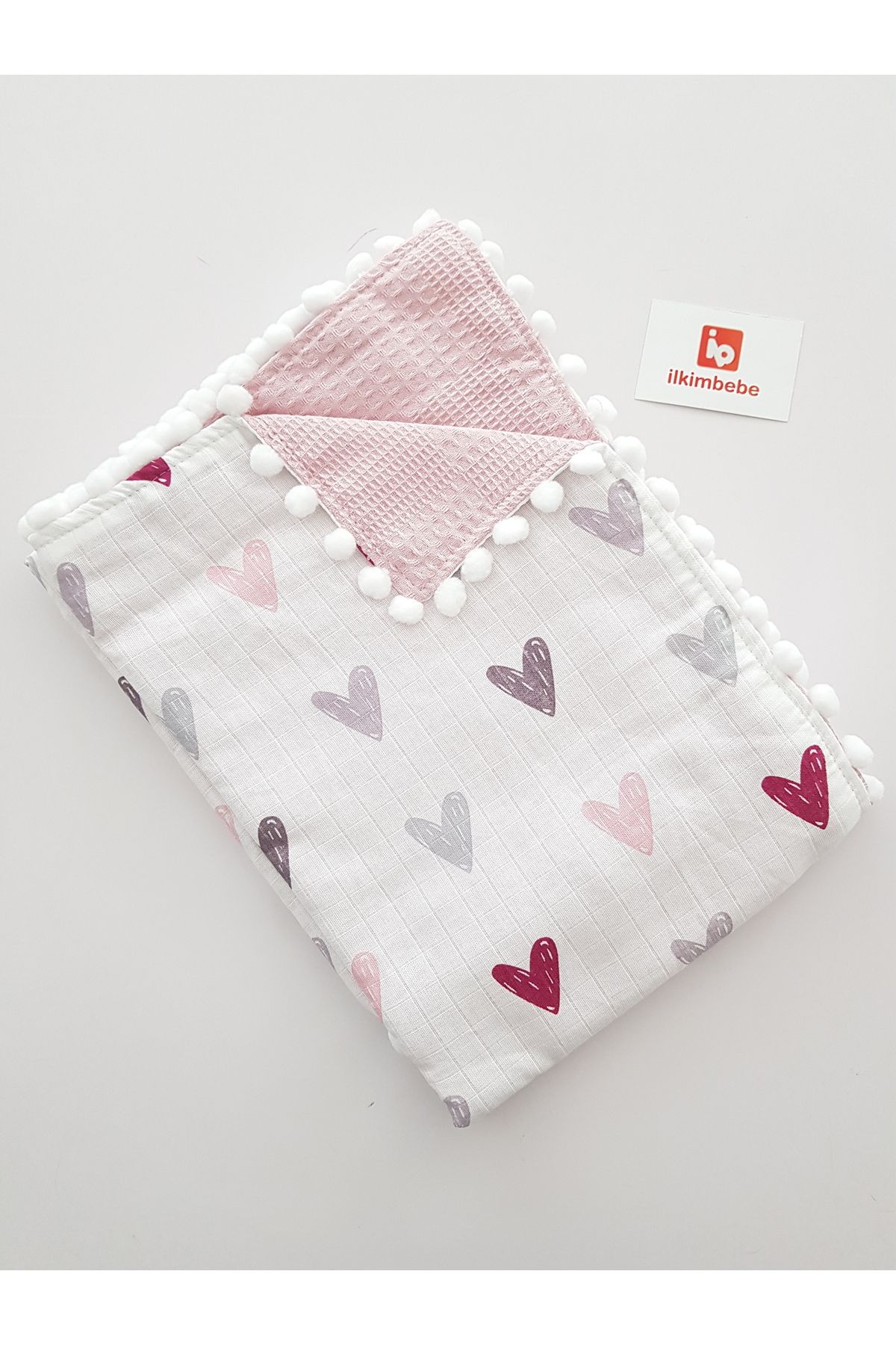 ilkimbebe-Double Layer Heart Muslin Pique Baby Blanket - 85X90 1