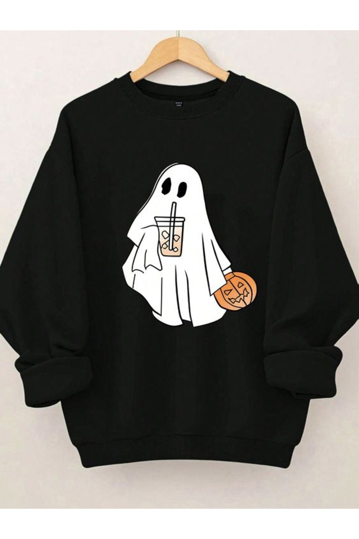 Pink Sky Büyük Beden Sevimli Kahve İçen Küçük Hayalet Halloween Korkutucu Sezon Sweatshirt