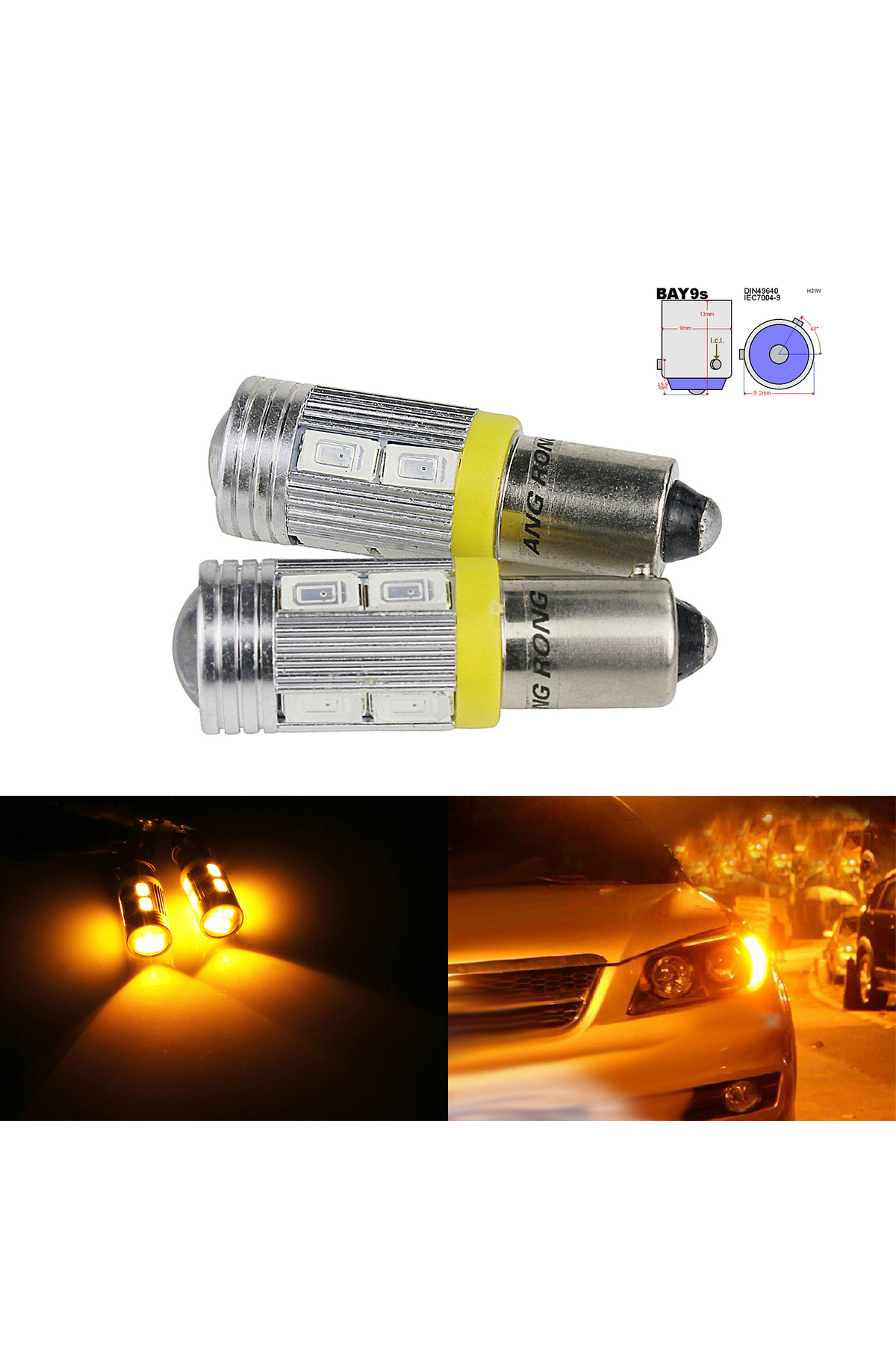Choice-ANGRONG 2pcs H21W BAY9s 10SMD LED Bulb Front Indicator Rear Reverse Side Light Amber 12V 1