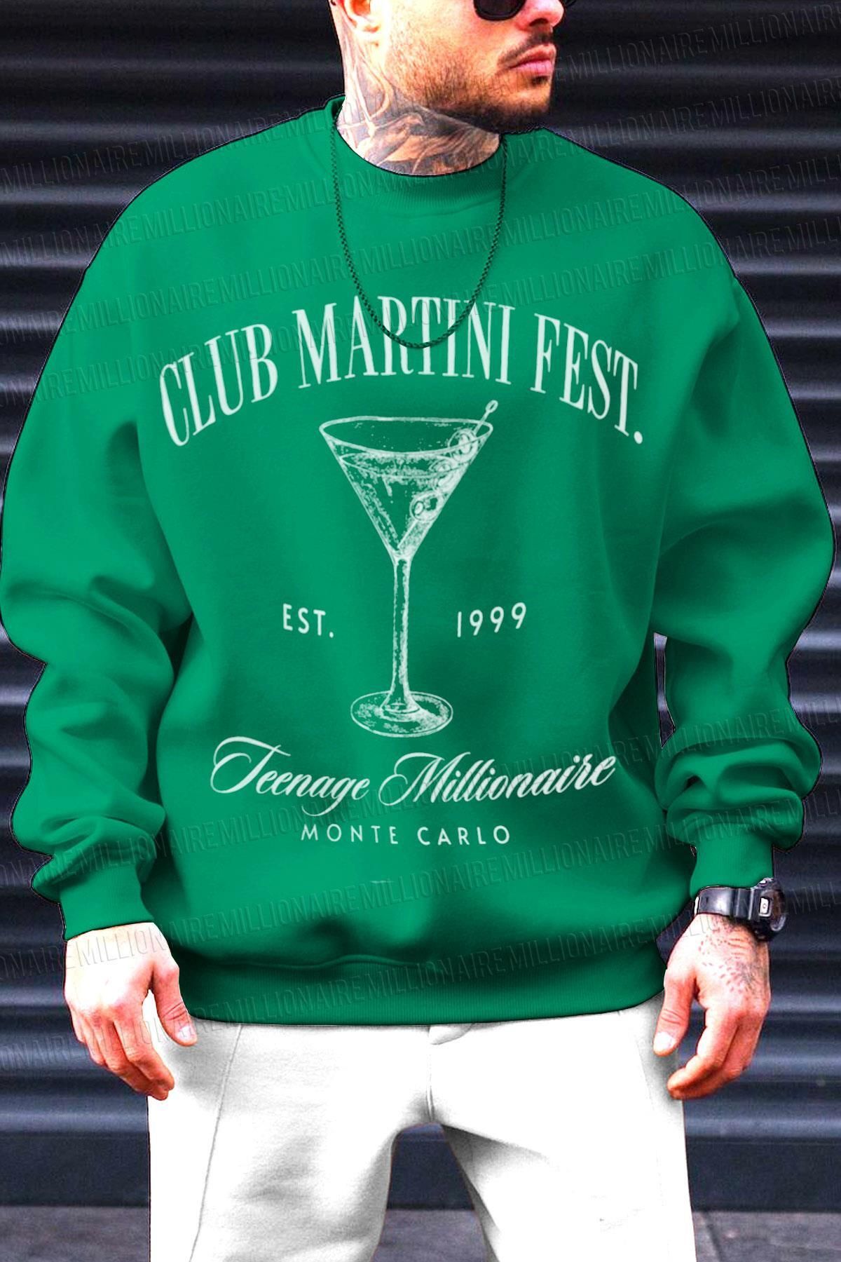 Millionaire-Green Martini Printed Men's Oversize Fleece Sweatshirt - 0 Crew Neck 1