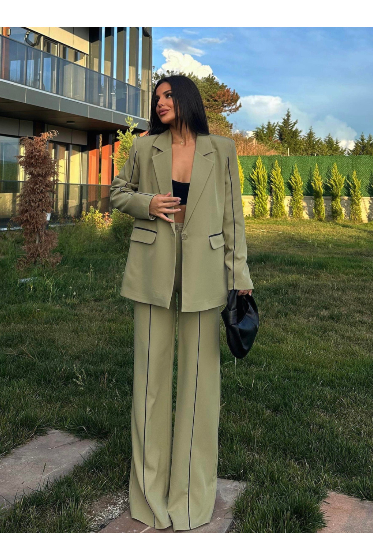 pembekurdelem Kadın Stil Oversize Ceket Pantolon Takım Haki