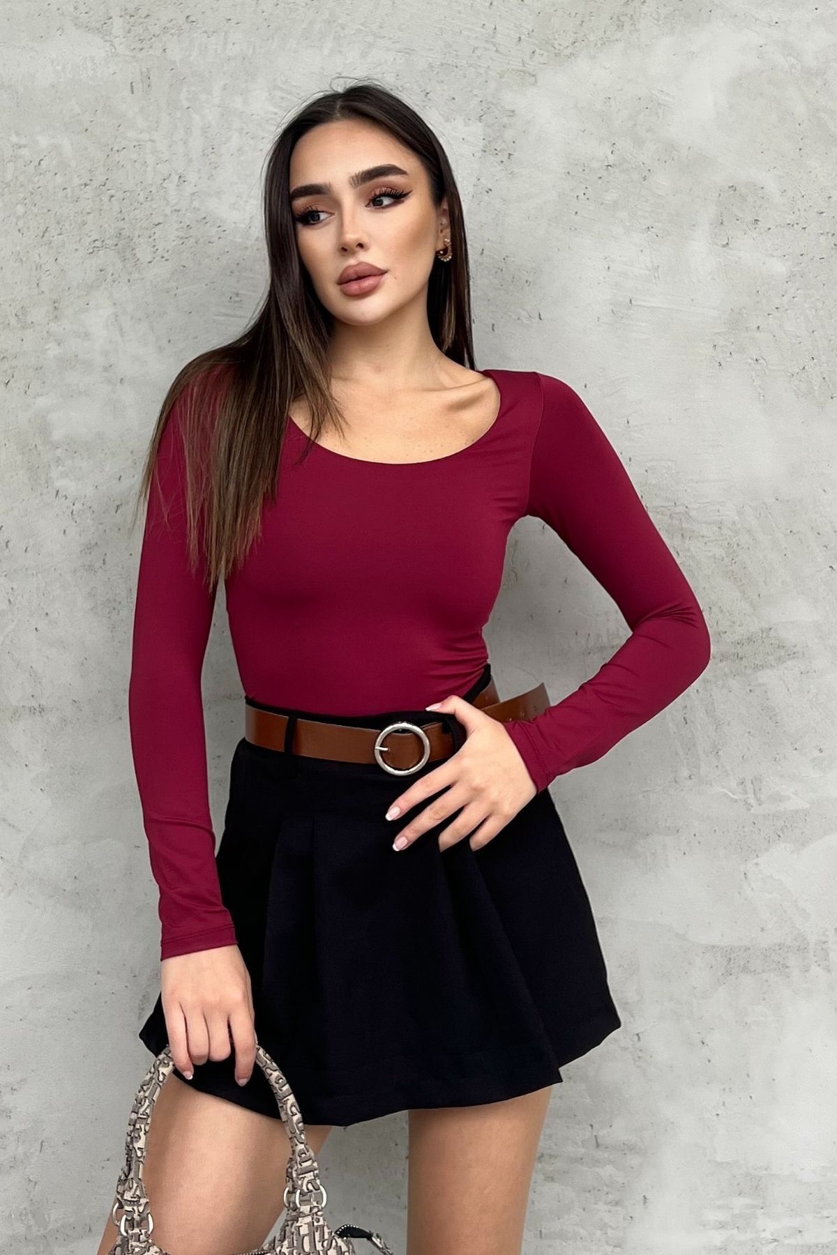 Kadın Bordo Kare Yaka Ön Çift Kat Polyemid Body KRY7778