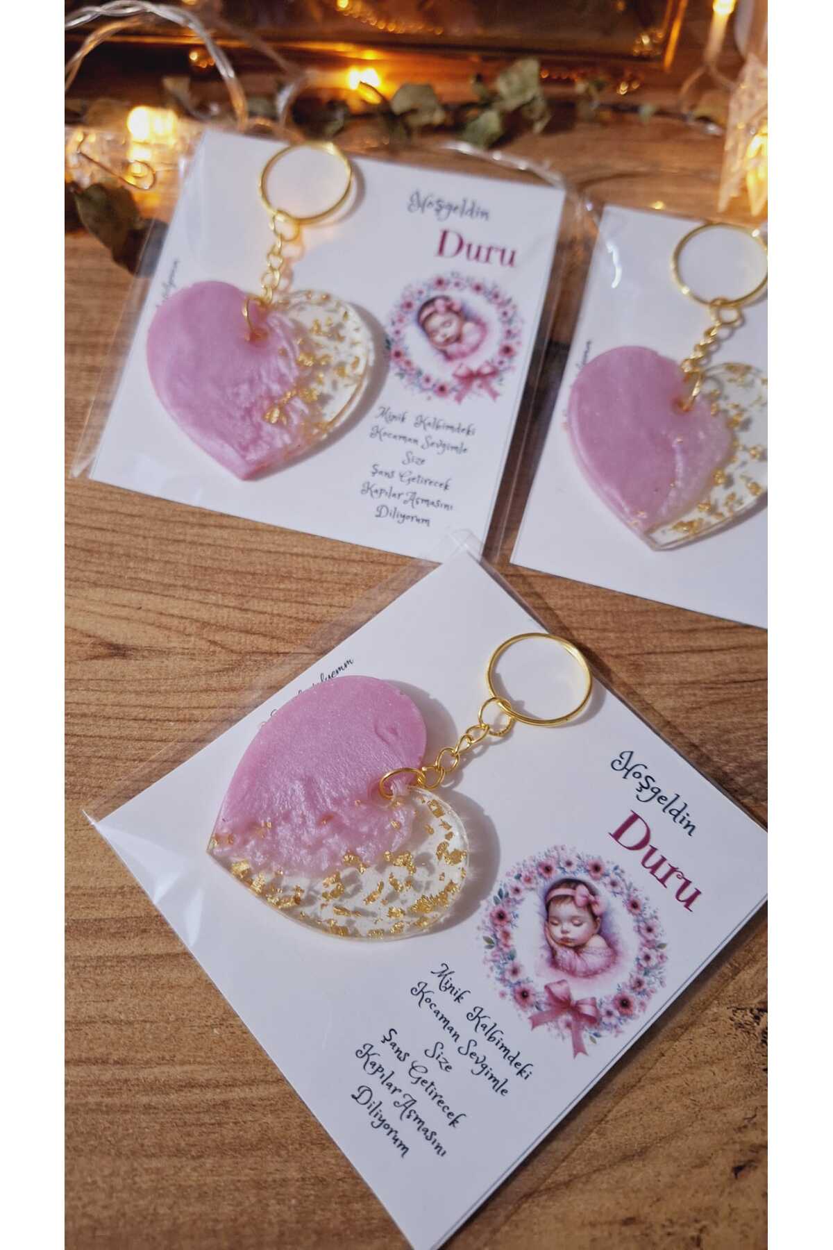 SevgiliAtolyemm UYUYAN BEBEK KARTLI  KALPLİ ANAHTARLIK  MEVLÜT YENİDOĞAN HEDİYELİK DOĞUM GÜNÜ BABYSHOWER  10 ADET fotoğrafı 4 (önizleme)