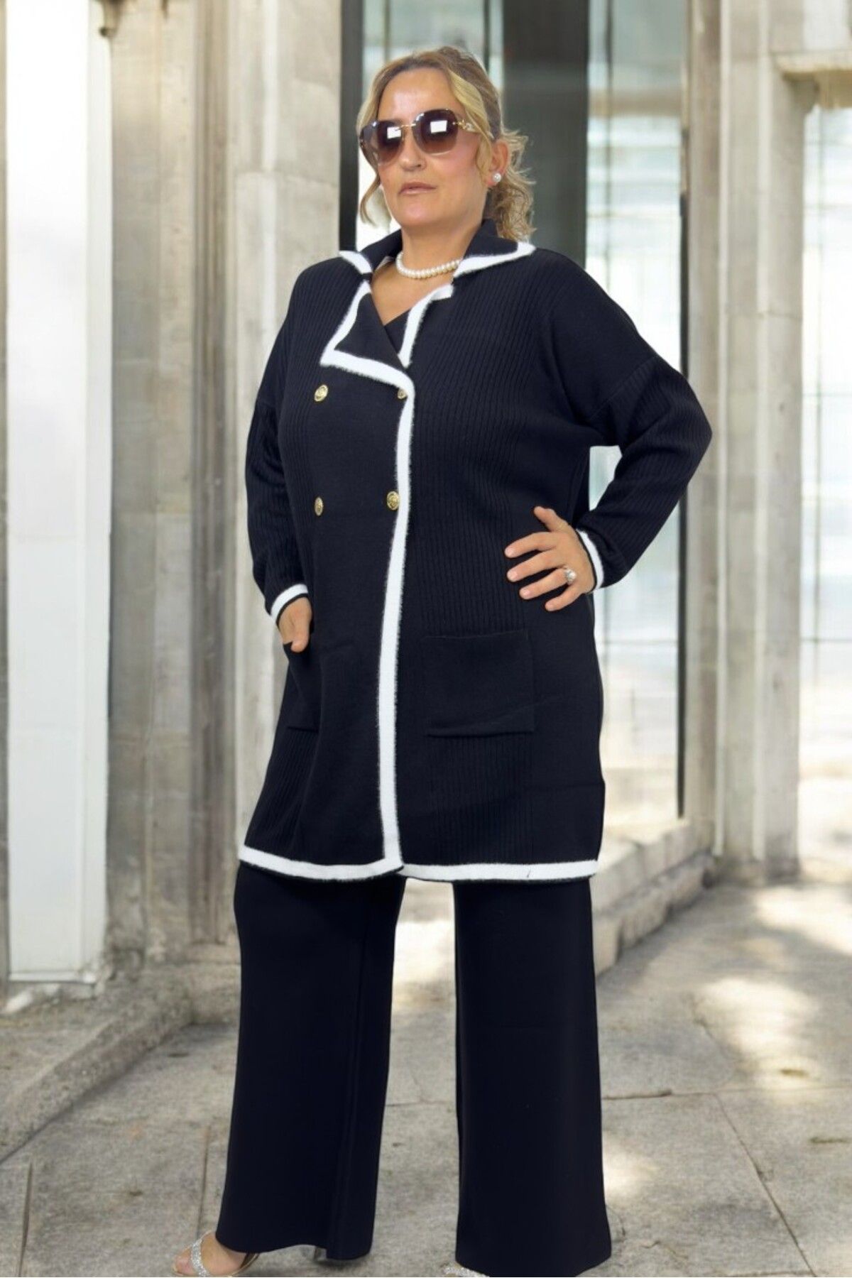 yagmurberen-Large Size Double Knitwear Set - Six Elastics, Double Breasted Closure and Gold Button Detail 2